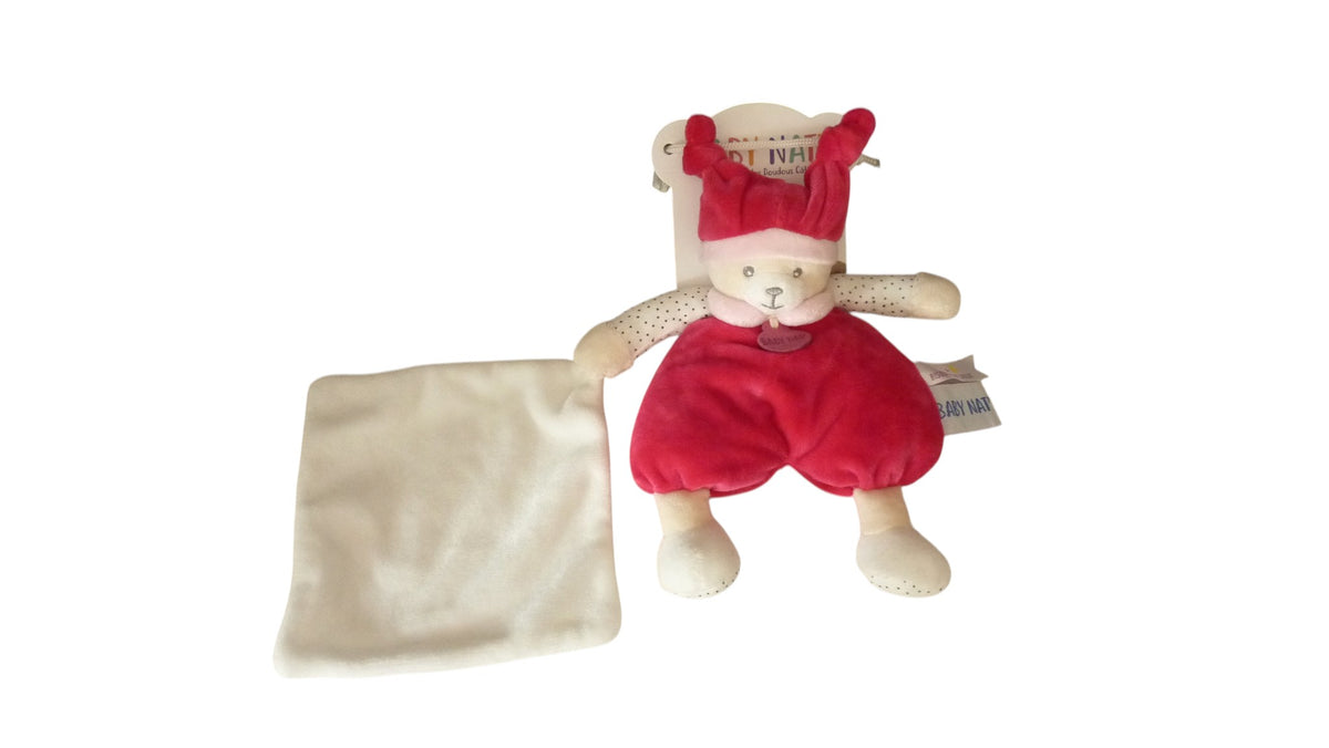 Peluche ours fuchsia à pois avec mouchoir – Baby'Nat 21 cm