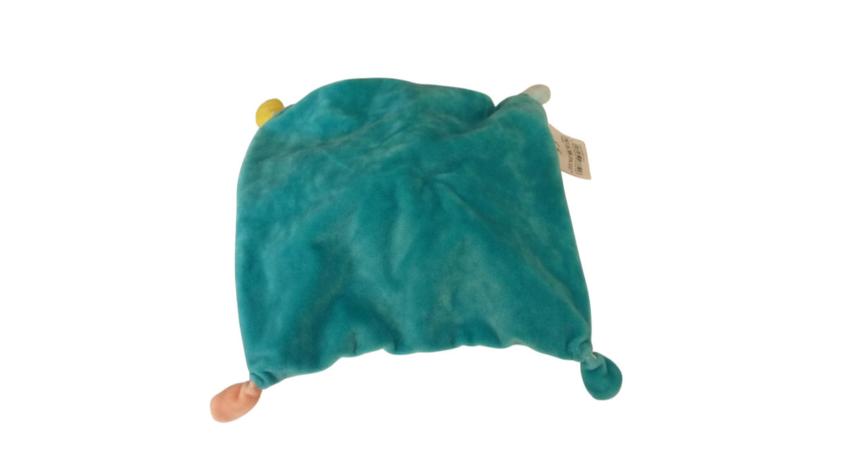 Doudou lapin plat Influx bleu turquoise à pois multicolores – 21 × 21 cm