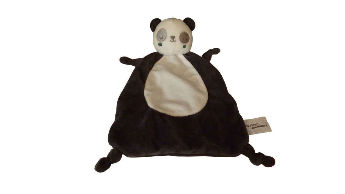 Doudou panda plat noir et blanc avec quatre nouages – DPAM 29 cm