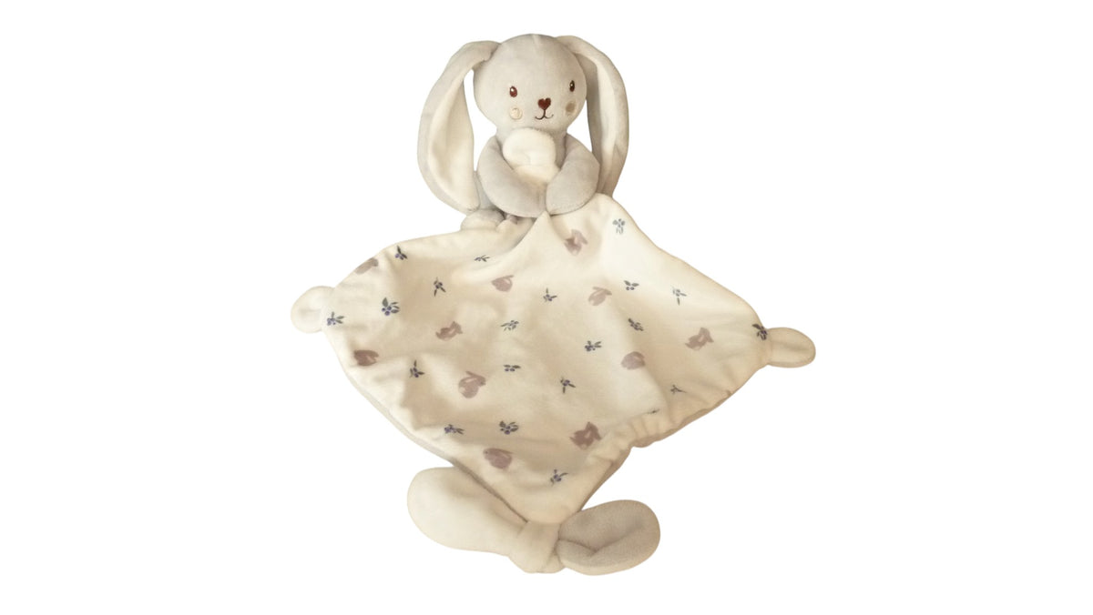 Peluche lapin gris et blanc avec mouchoir et attache-tétine – Nicotoy 14 cm