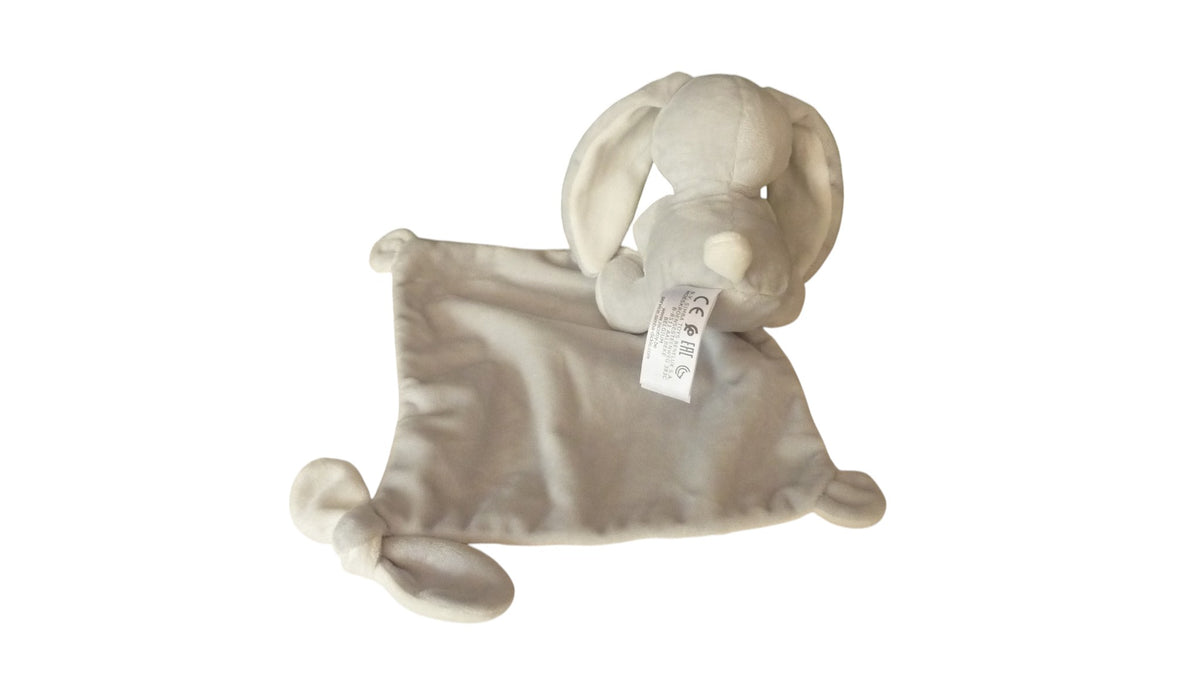 Peluche lapin gris et blanc avec mouchoir et attache-tétine – Nicotoy 14 cm