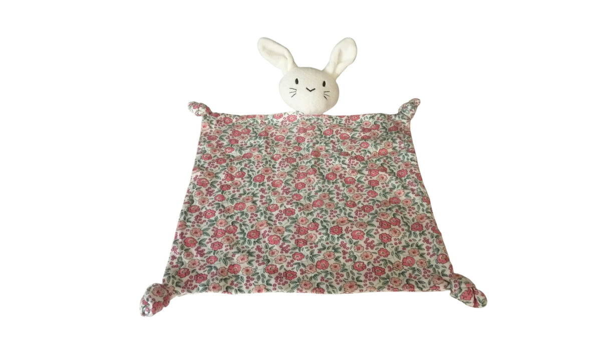 Doudou lapin plat blanc à fleurs et quatre nouages – Vertbaudet 29 cm