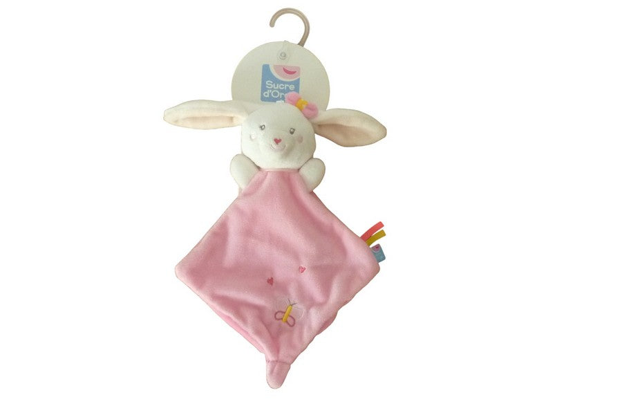 Doudou lapin plat rose blanc - Sucre d'Orge