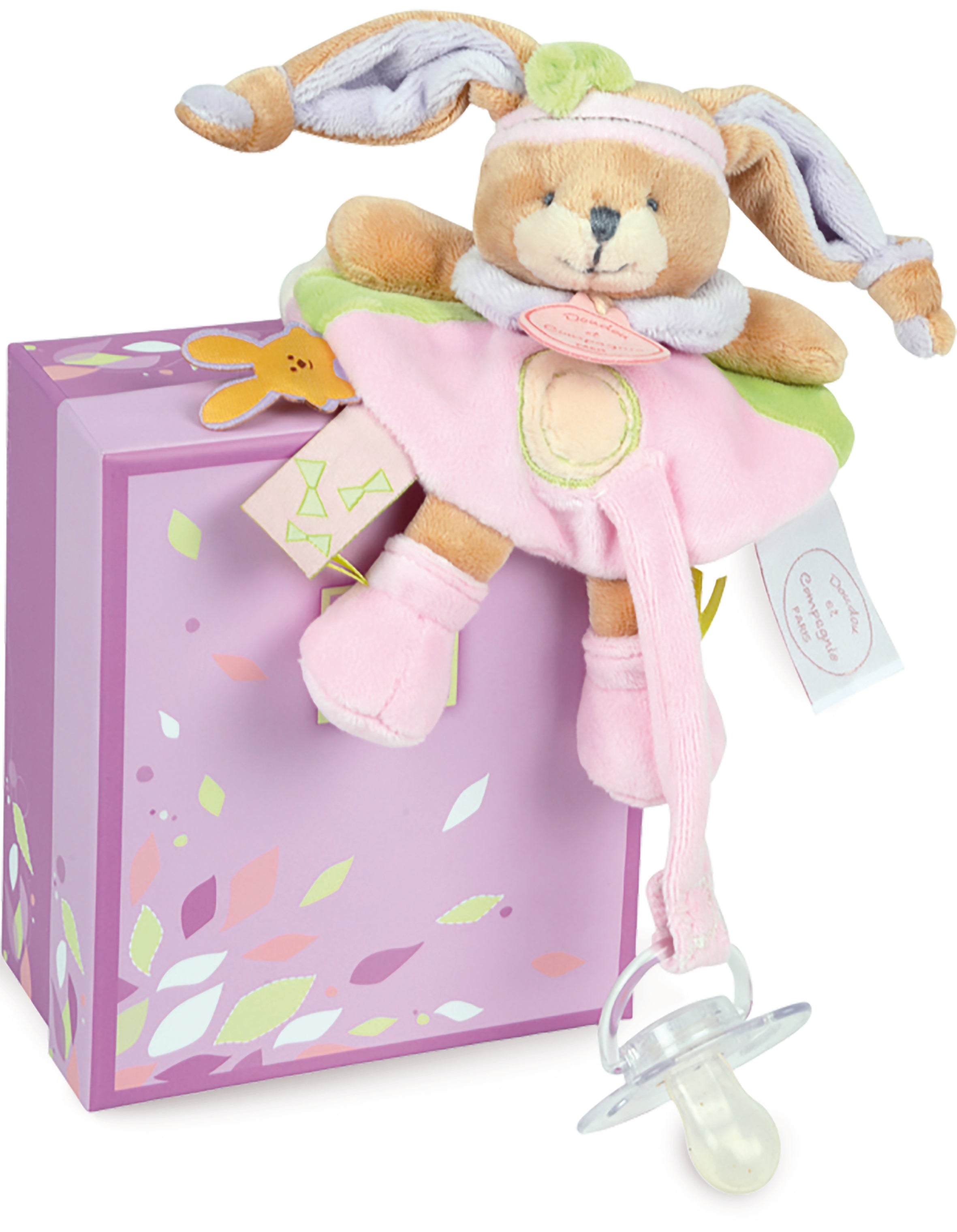 Doudou lapin plat violet rose vert - Mélis et Lila - DC2630 Doudou et Compagnie