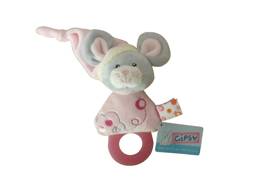 Doudou anneau de dentition Pomme souris rose gris - Gipsy