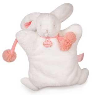 Doudou lapin marionnette Pompon blanc rose corail - DC2742 Doudou et compagnie