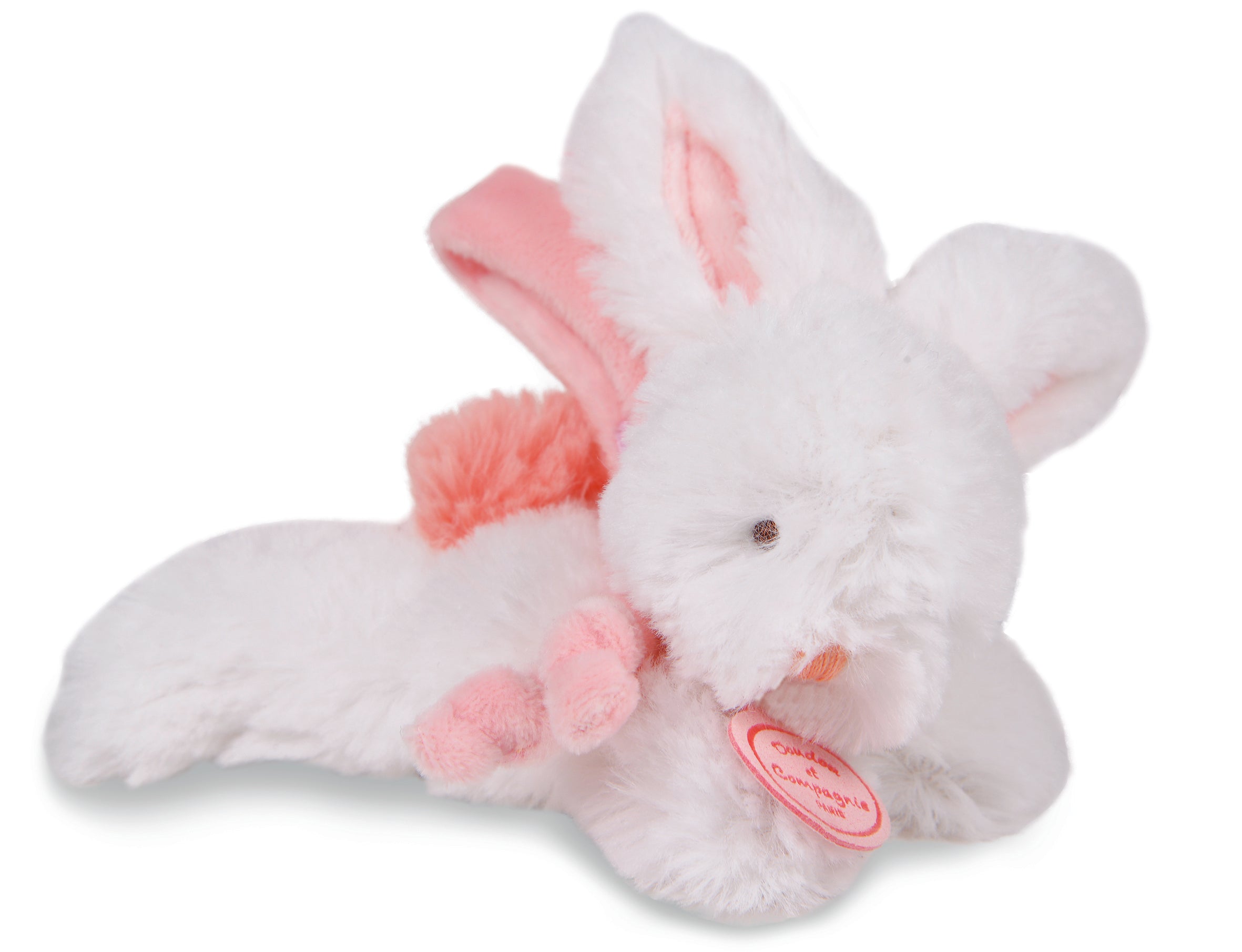 Peluche lapin Pompon attache tétine blanc rose corail - Doudou et Compagnie - 12 cm