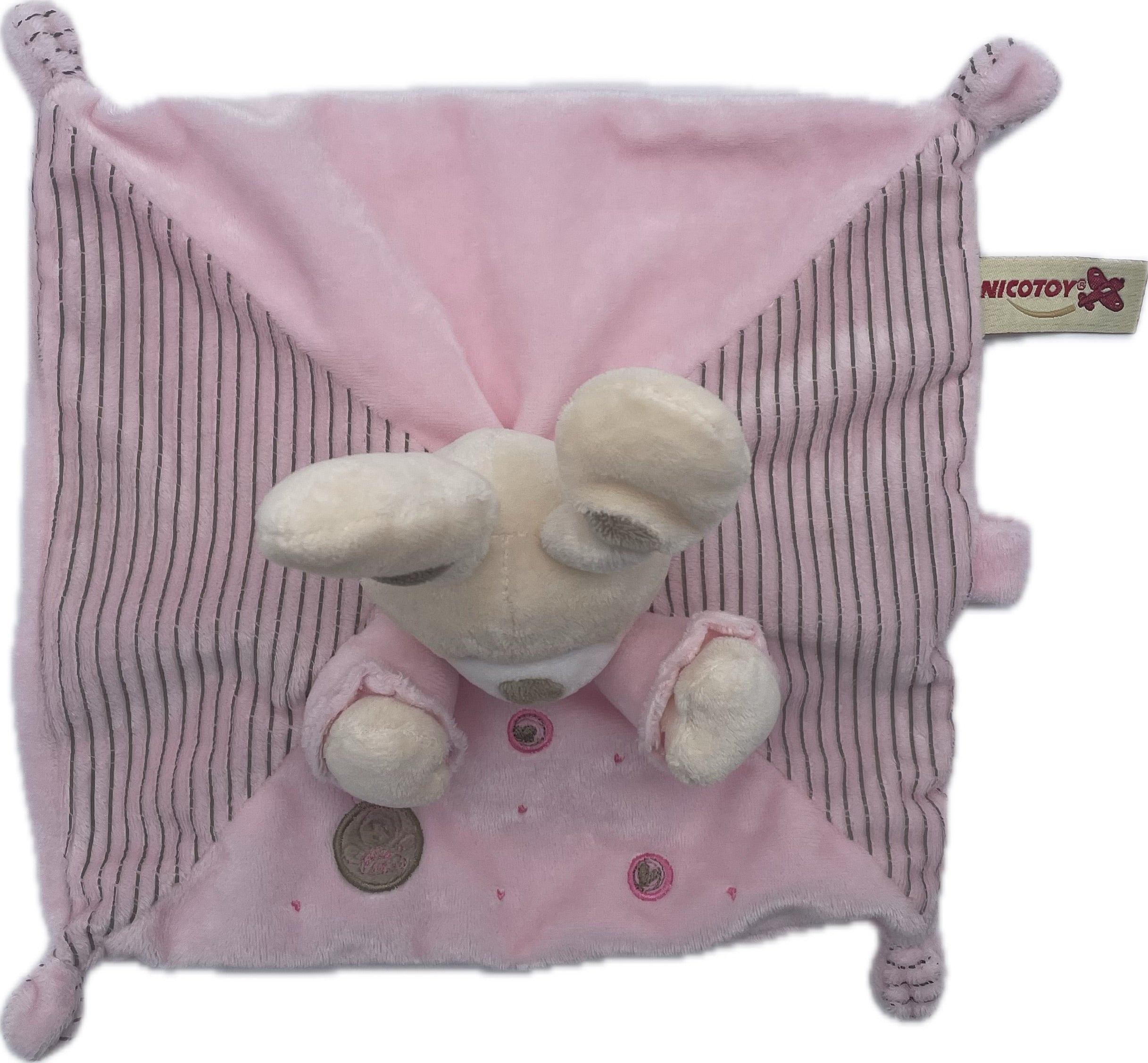 Doudou lapin plat rose motifs ronds coeurs - Nicotoy