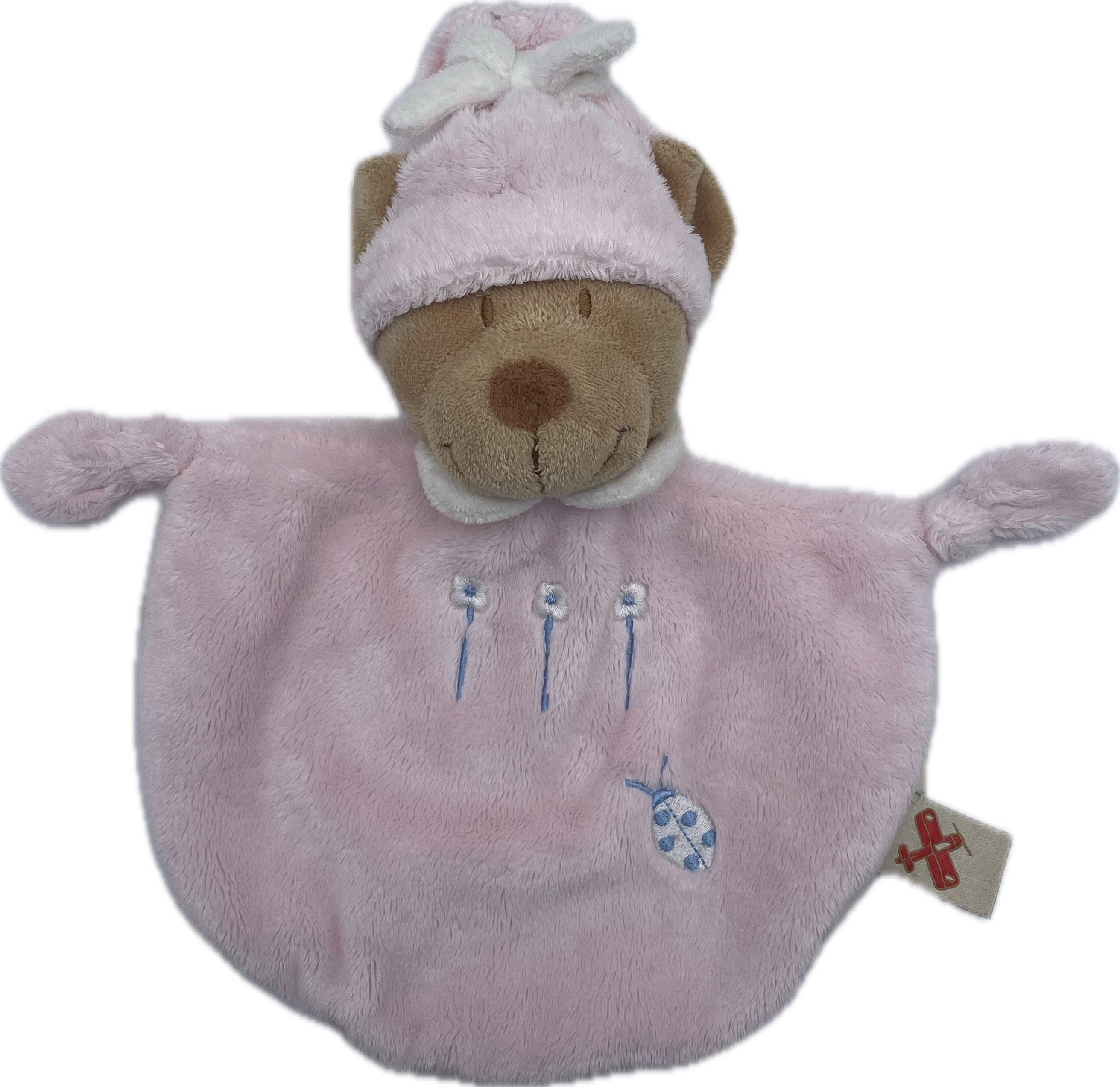 Doudou ours plat rose broderie fleurs et coccinelle - Nicotoy