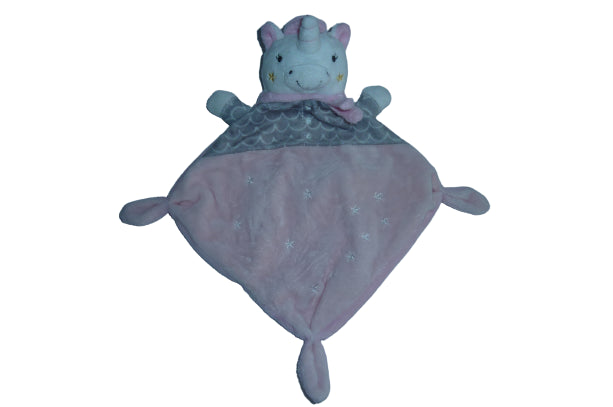 Doudou licorne rose gris - plat - Mots d'Enfants