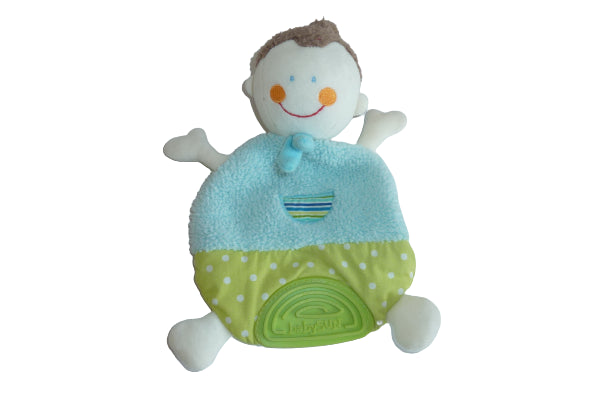 Doudou poupée garçon - blanc vert turquoise - plat - Babysun
