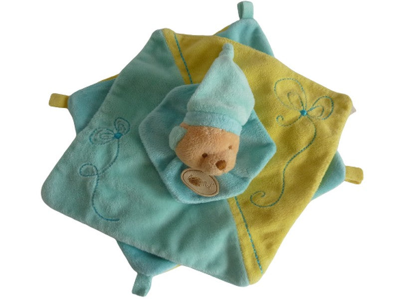 Doudou ours plat bleu turquoise jaune - Baby'Nat