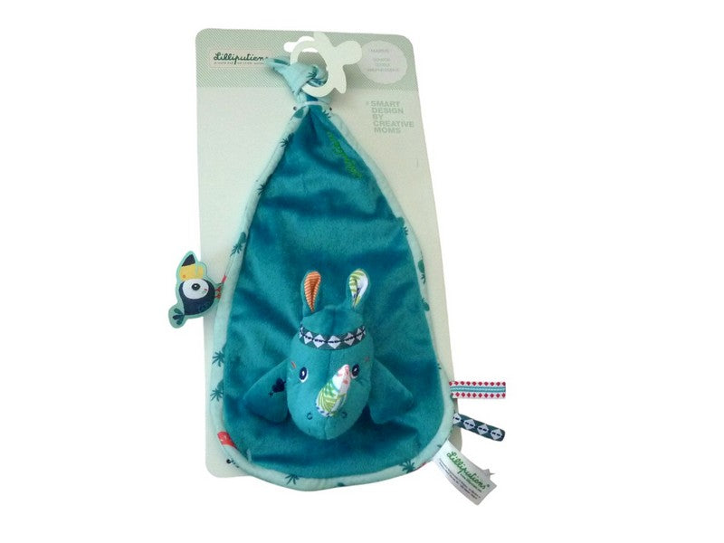 Doudou rhinocéros Marius plat bleu turquoise - Lilliputiens