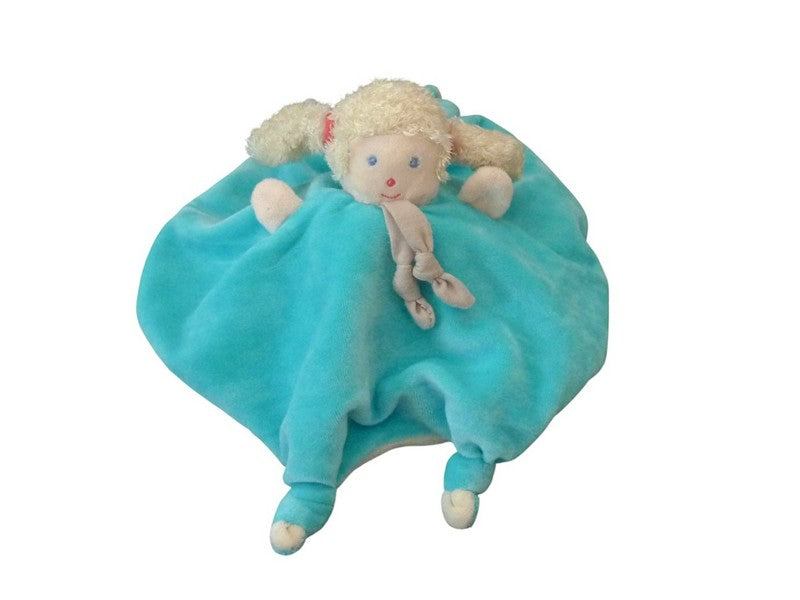 Doudou poupée fille réversible plat bleu crème - Ajena