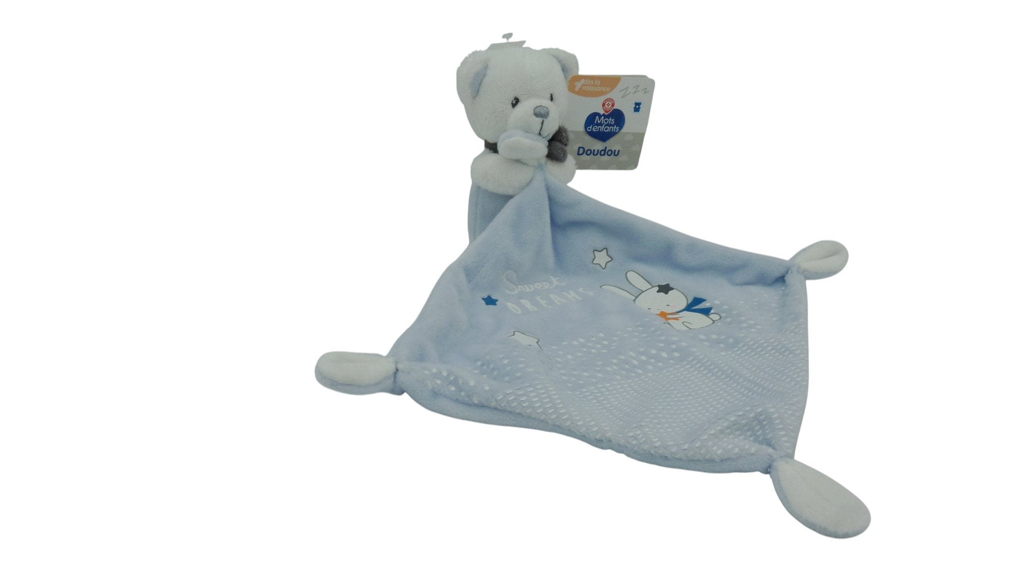 Peluche mouchoir ours bleu blanc - Sweet Dreams - Mots d'Enfants