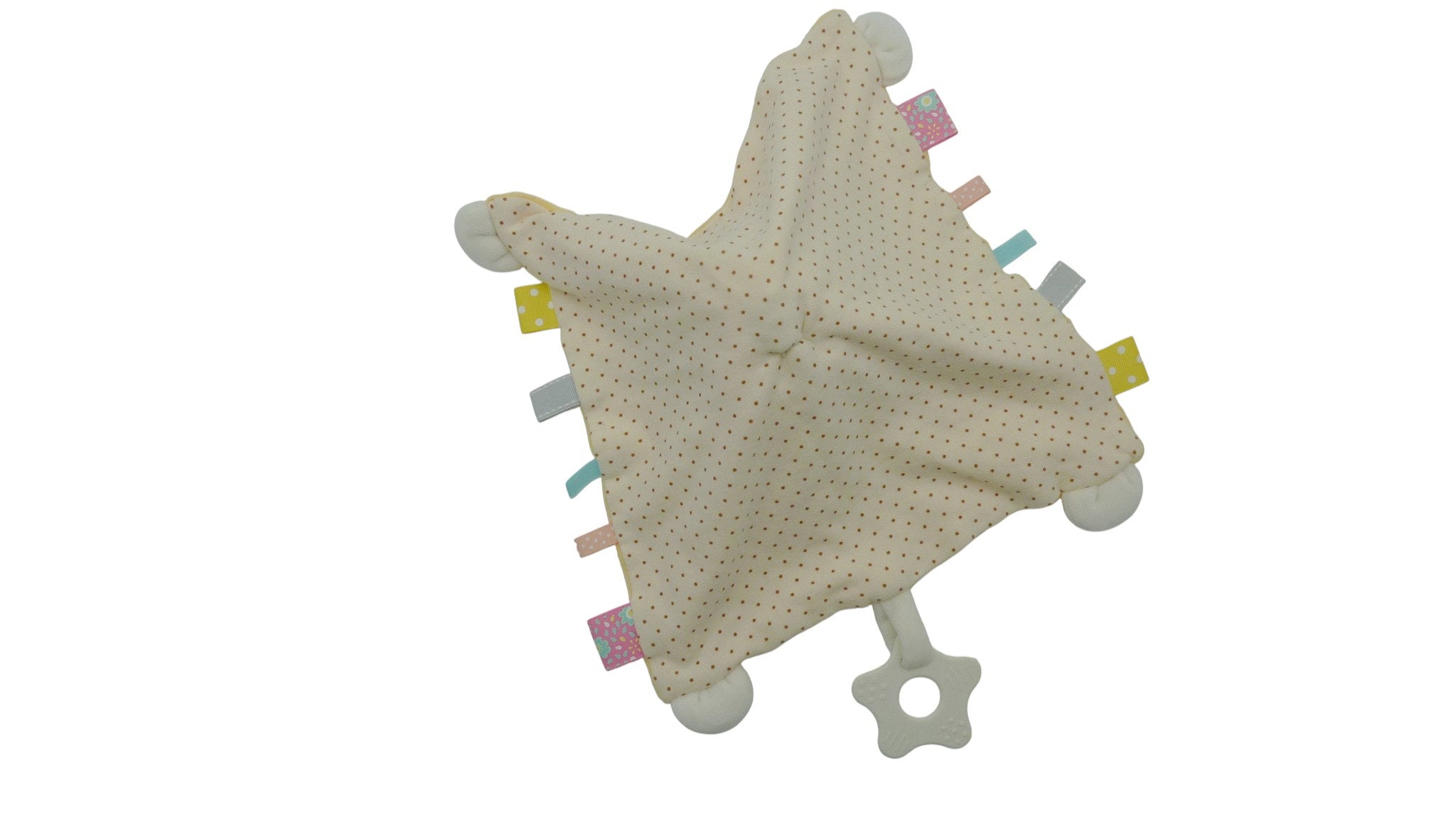 Doudou licorne plat jaune avec anneau de dentition