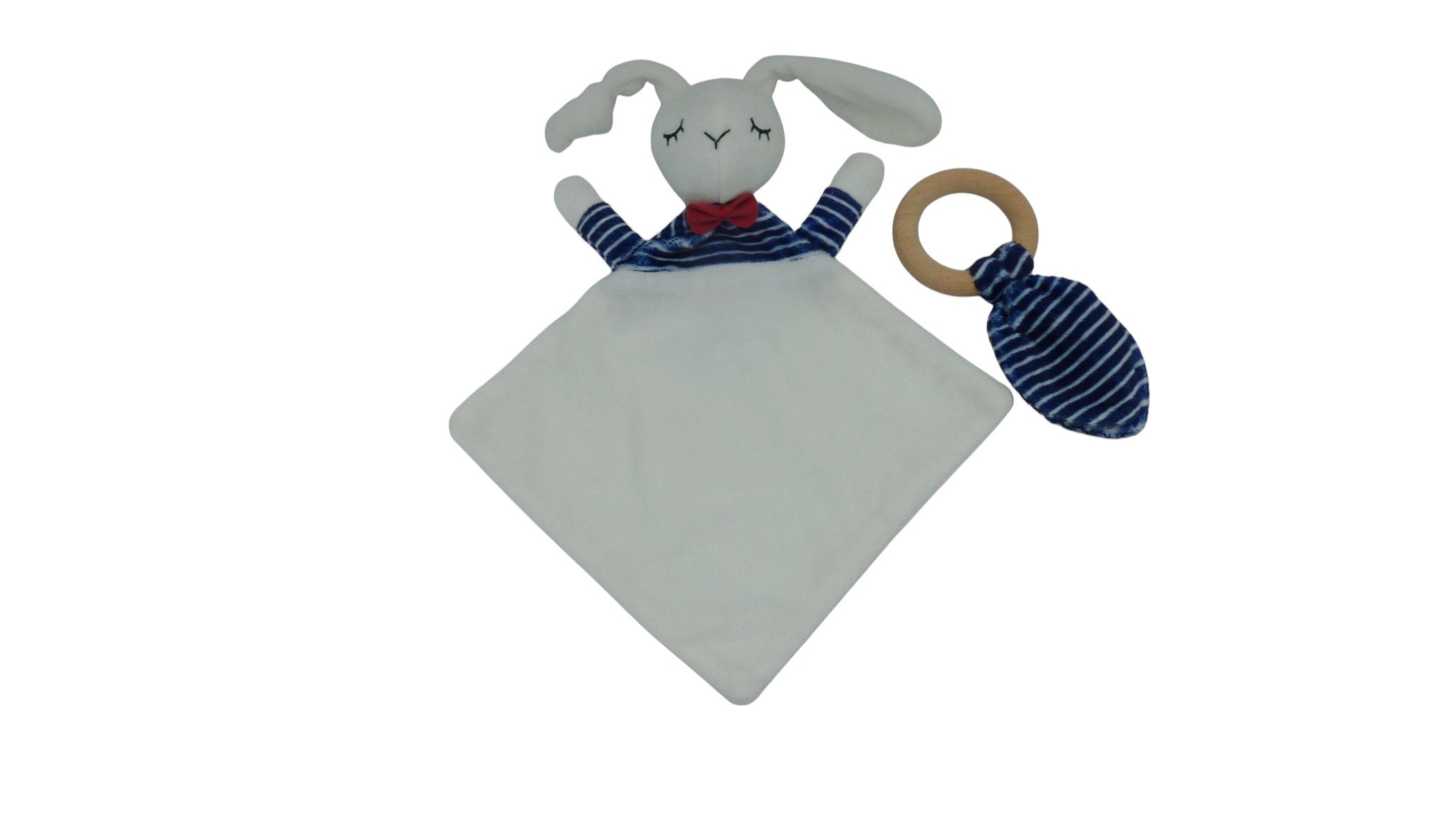 Doudou lapin plat blanc bleu et son anneau de dentition - Envie de Fraises