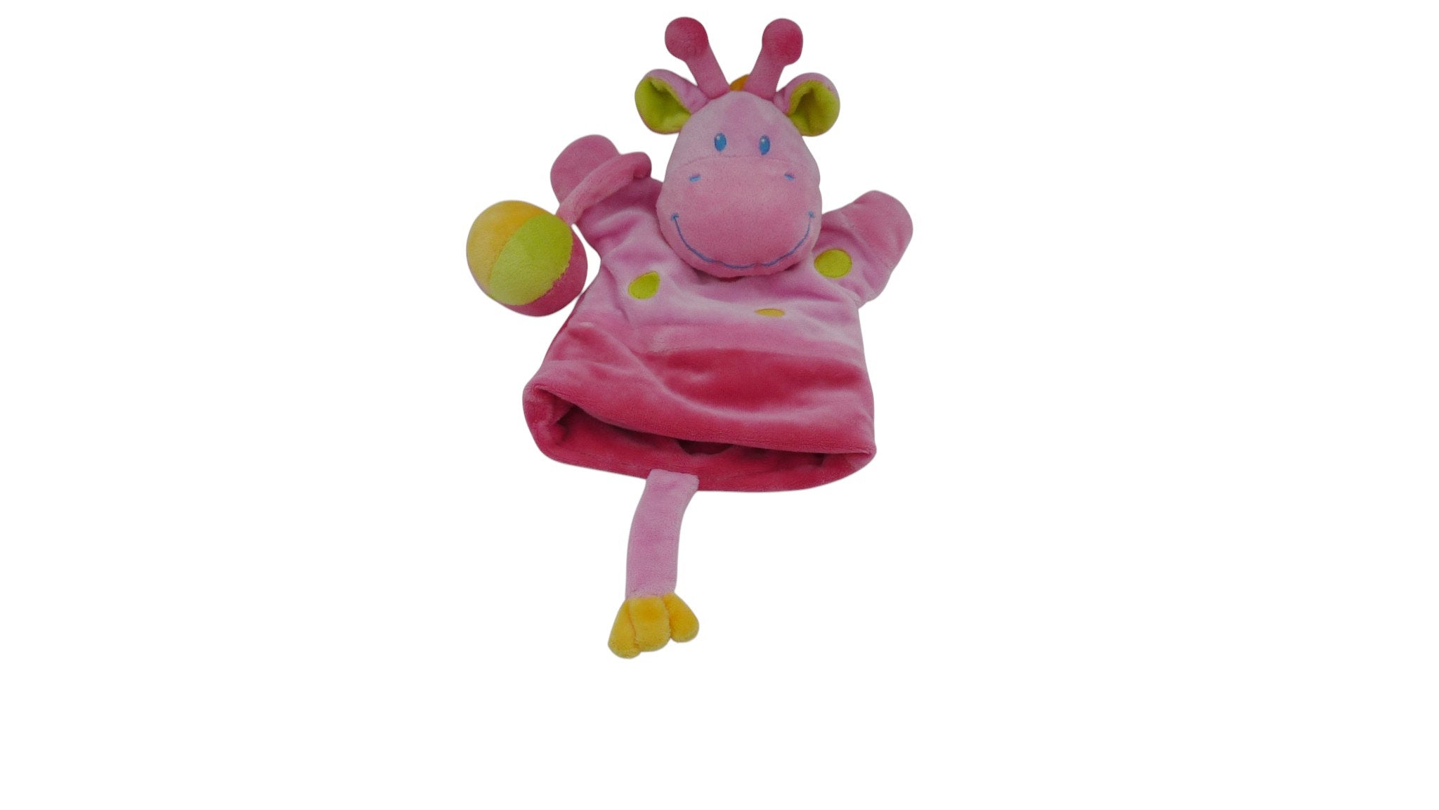 Doudou girafe marionnette avec balle rose fuchsia - Pommette - 21 cm