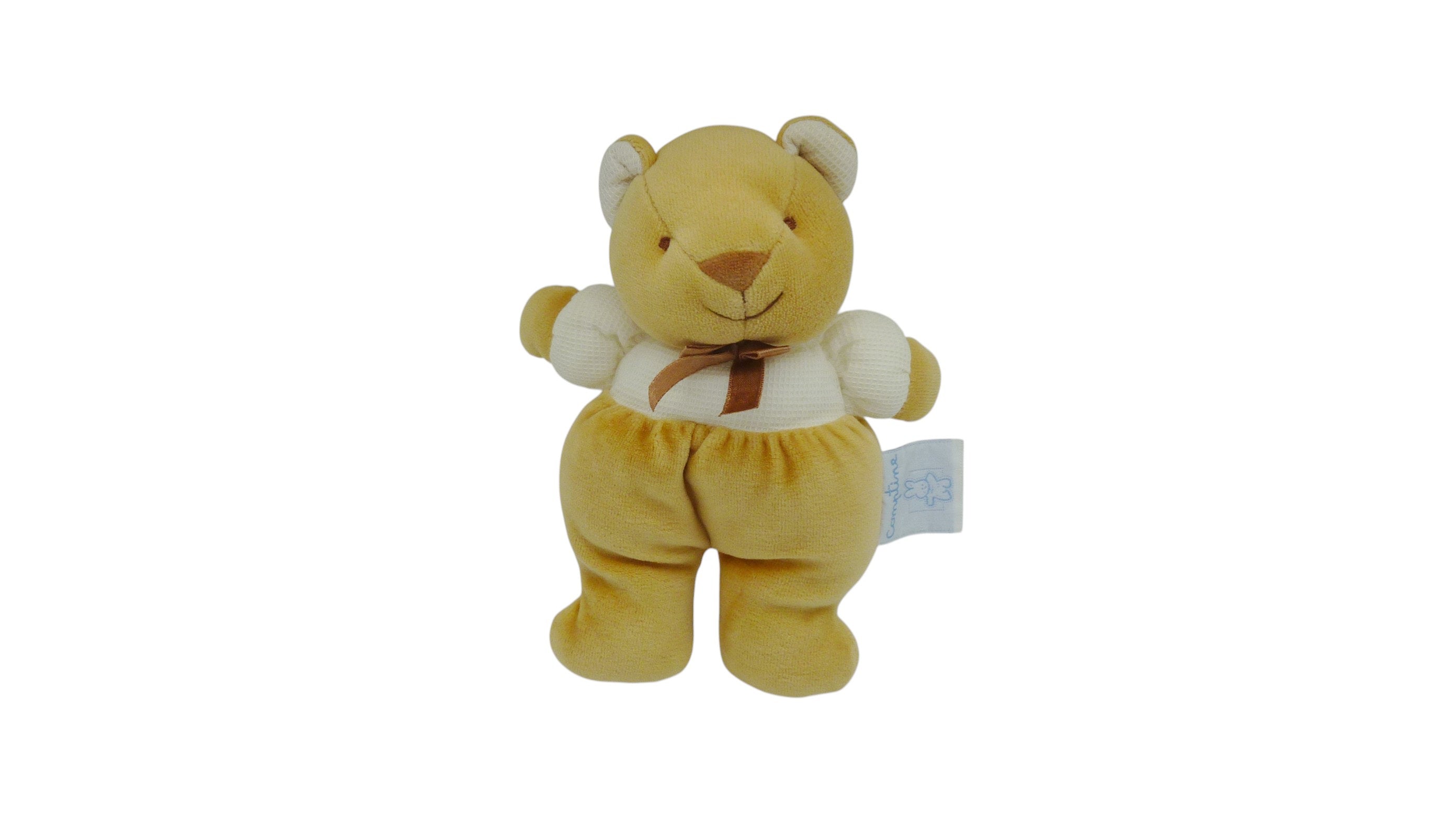 Peluche ours marron tissu blanc nid d'abeille - Comptine - 21 cm