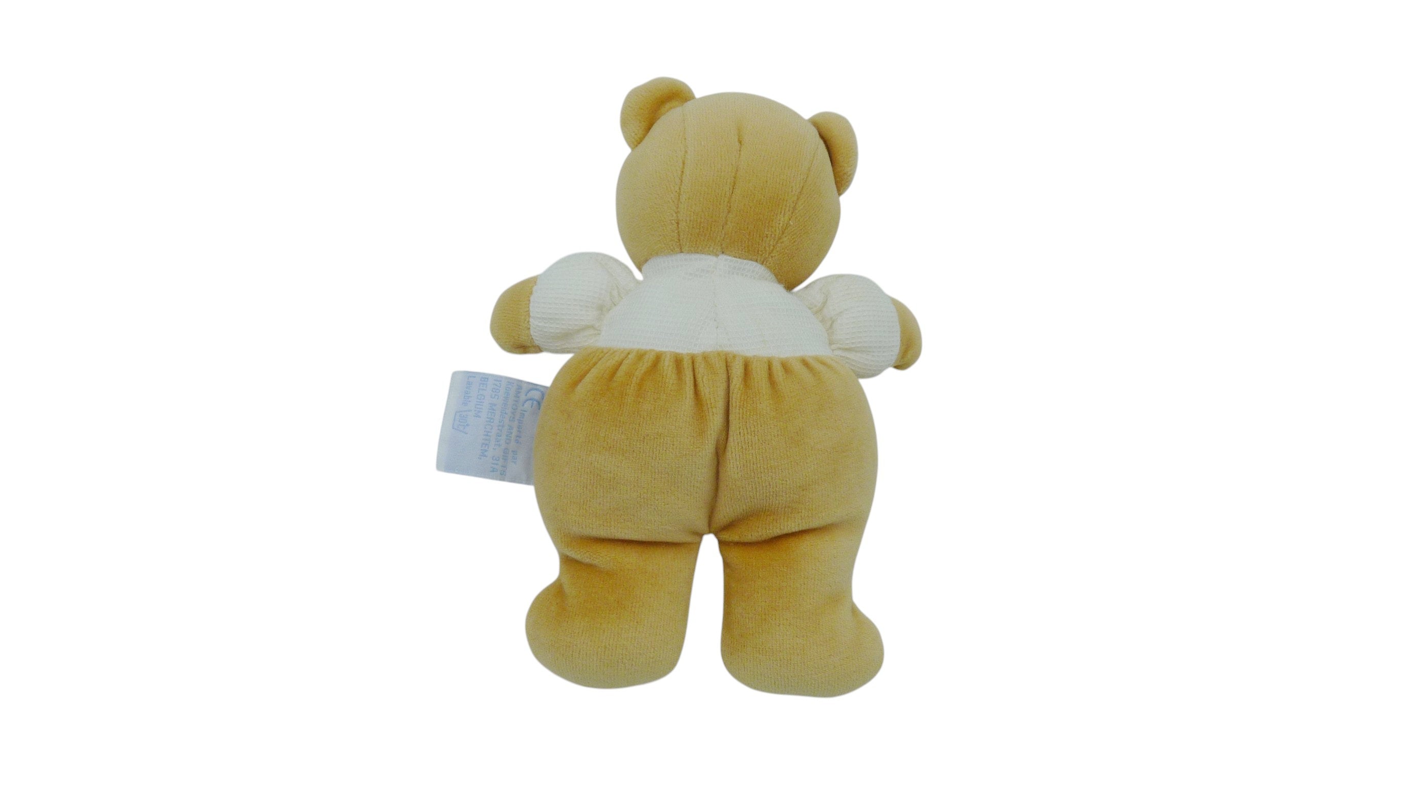 Peluche ours marron tissu blanc nid d'abeille - Comptine - 21 cm