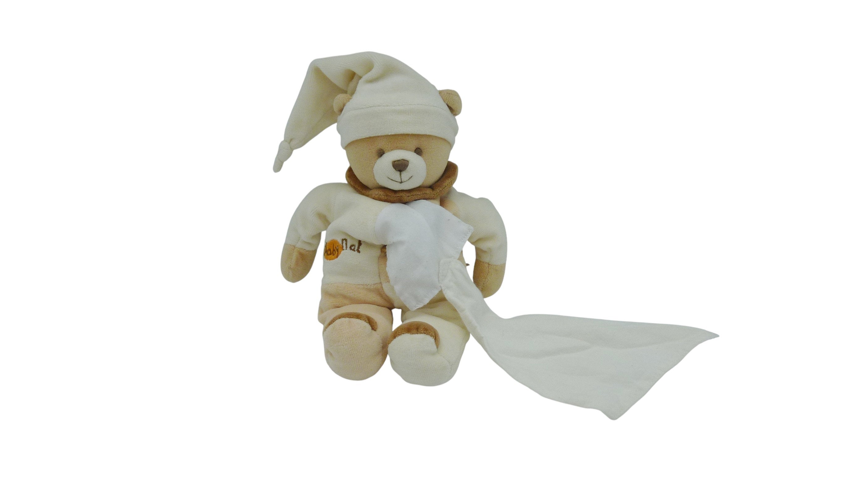 Peluche mouchoir ours marron blanc - Baby'Nat - 27 cm