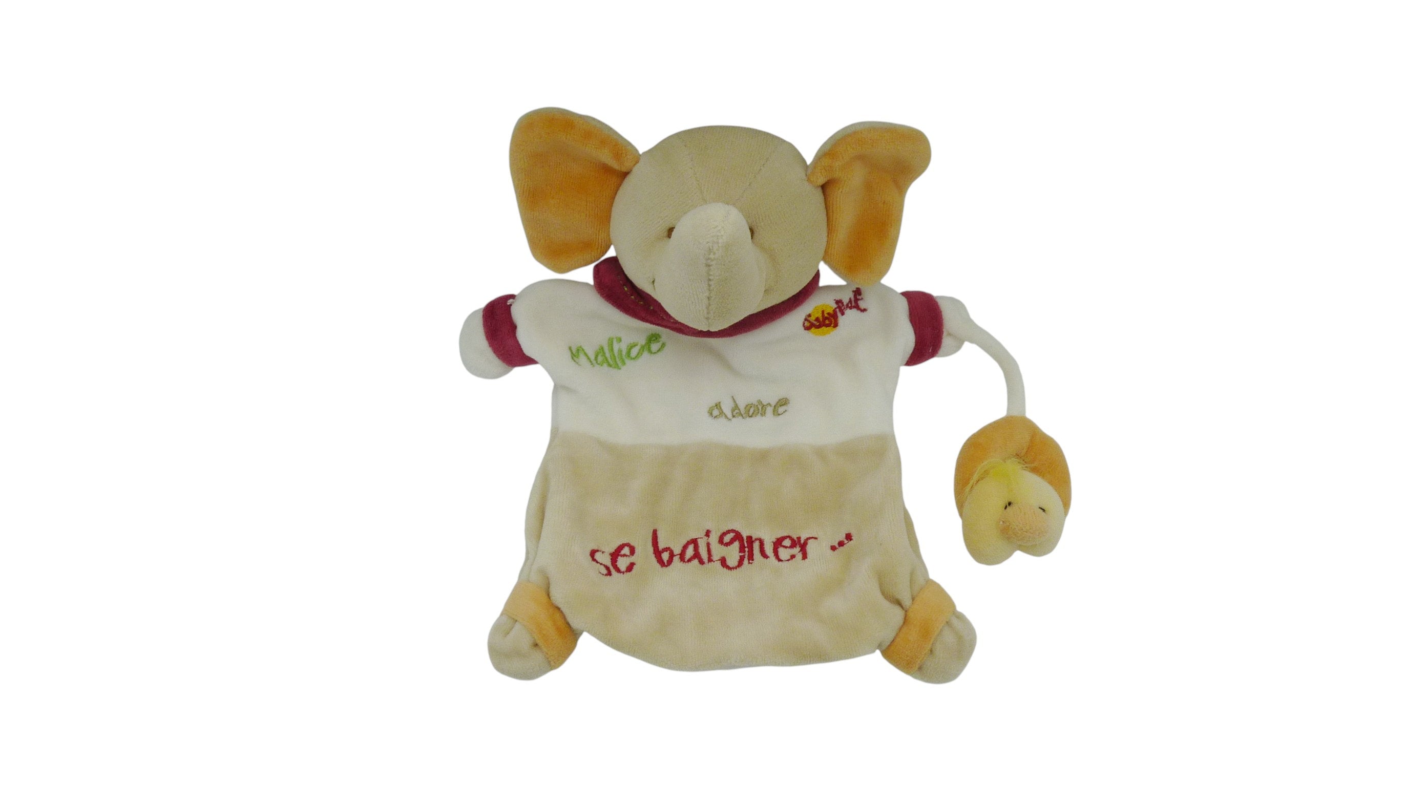 Doudou éléphant marionnette blanc marron - Baby'Nat - 25 cm