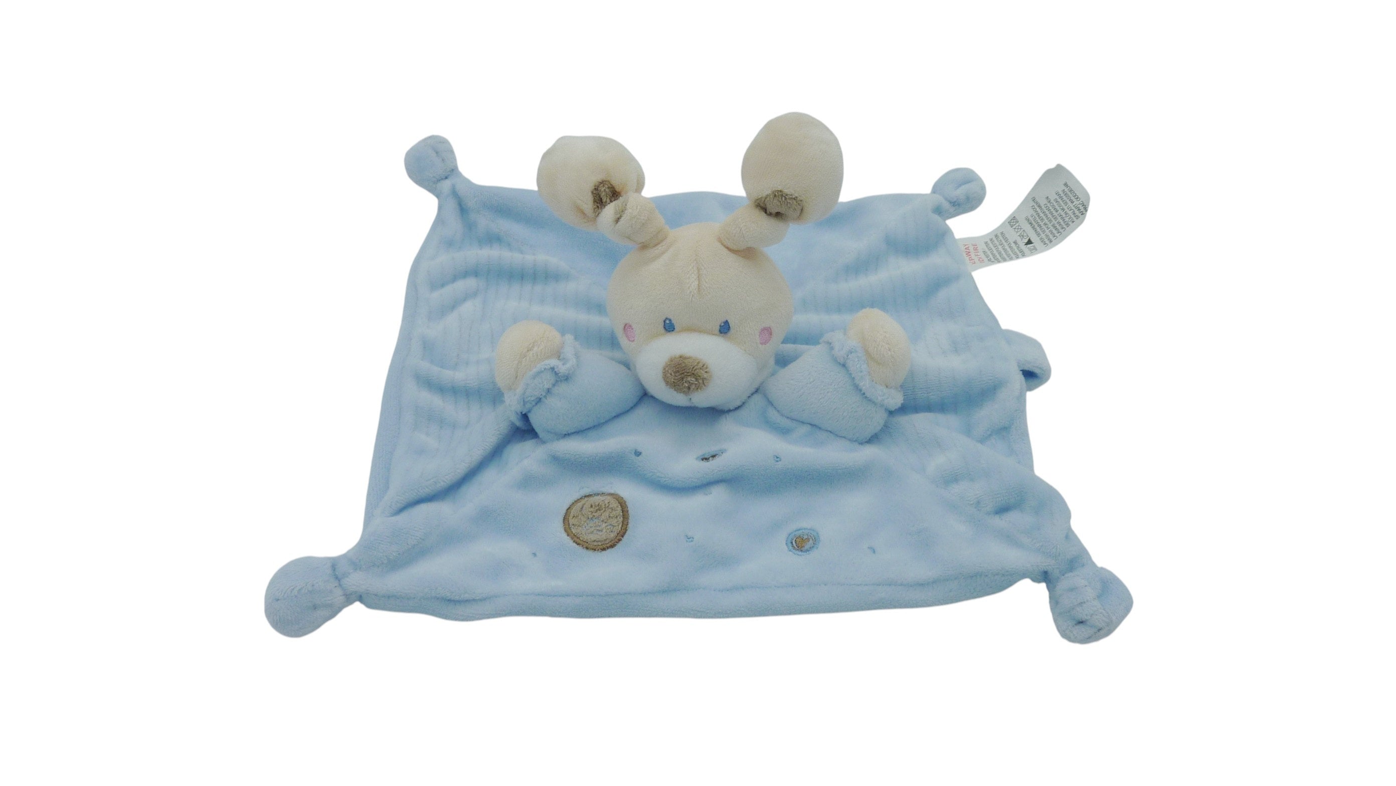 Doudou lapin plat bleu motifs ronds coeurs - Nicotoy