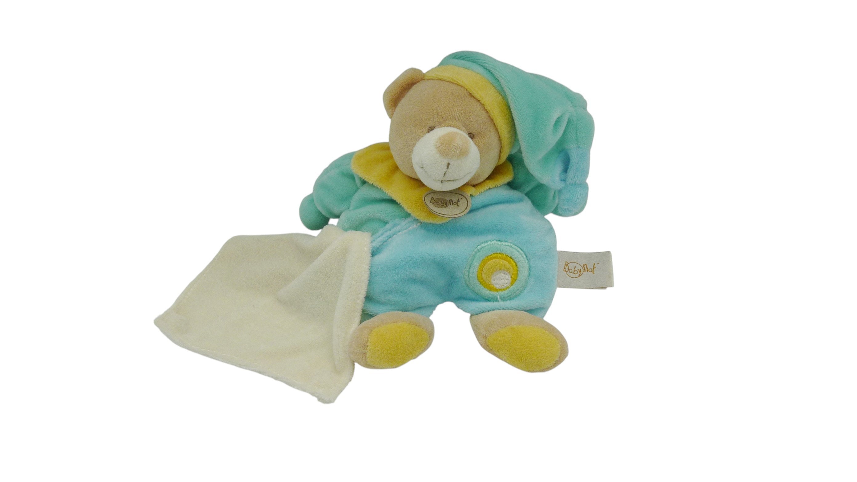 Peluche mouchoir ours vert turquoise - Baby'Nat - 27 cm