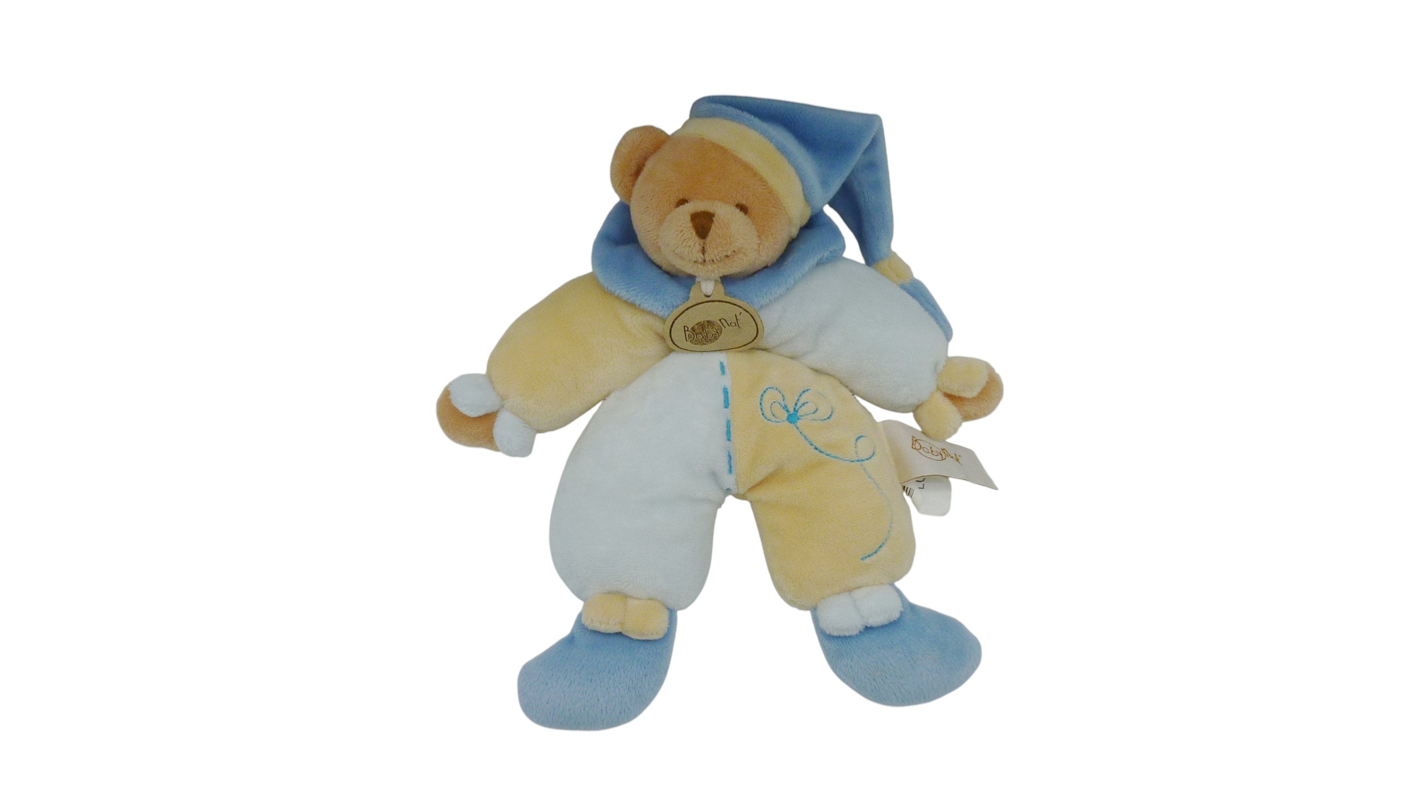 Peluche ours bleu jaune - Baby'Nat - 24 cm
