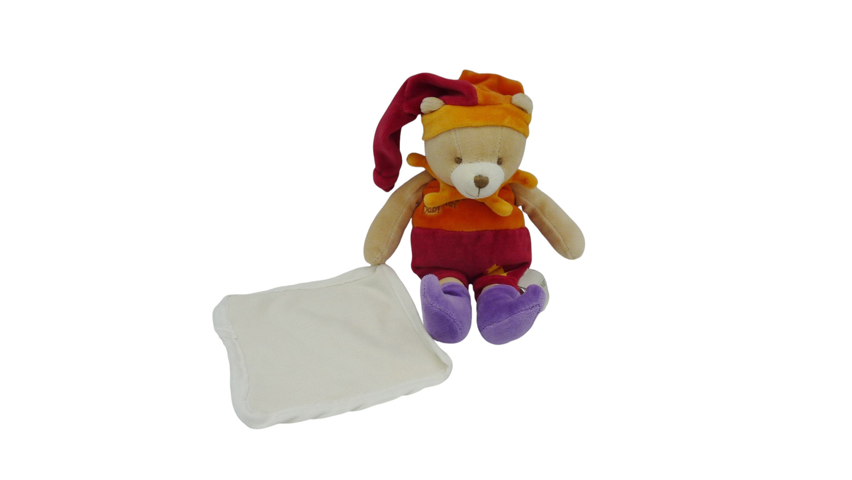 Peluche mouchoir ours orange rouge - Baby'Nat - 26 cm
