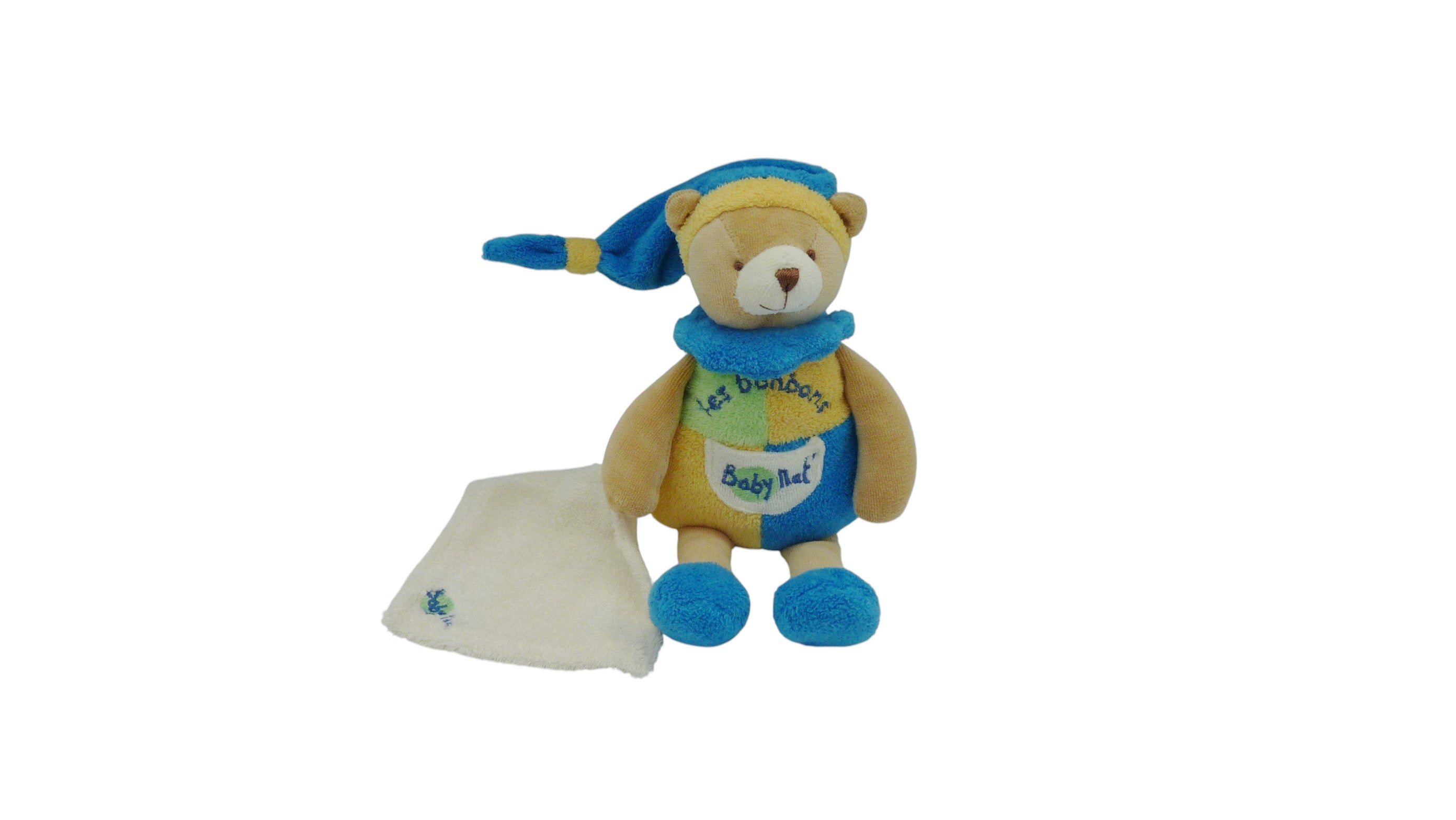 Peluche mouchoir ours bleu vert jaune - Les Bonbons - Baby'Nat - 26 cm