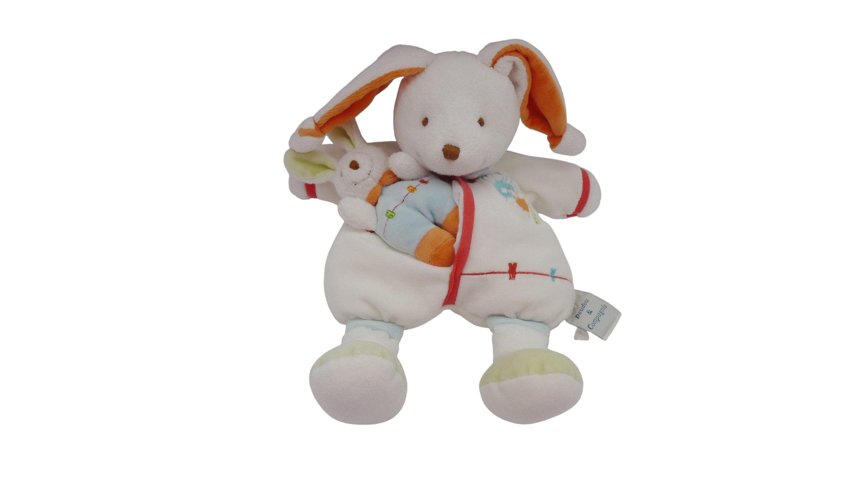 Peluche lapin et son petit lapin blanc orange - Doudou et compagnie - 31 cm