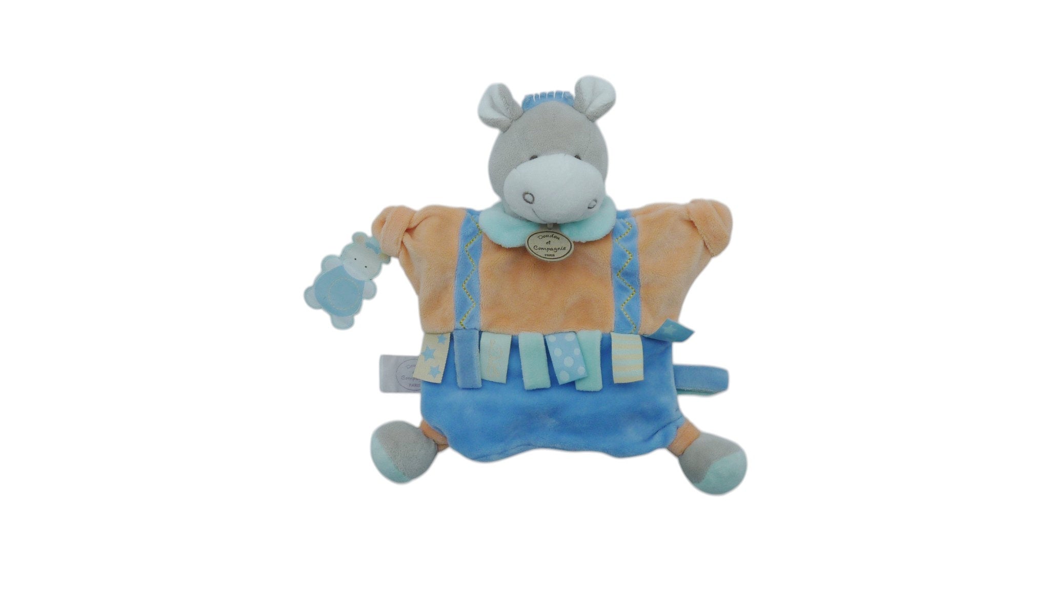 Doudou âne marionnette Nathan orange bleu - Marionnettes - DC2348 Doudou et Compagnie