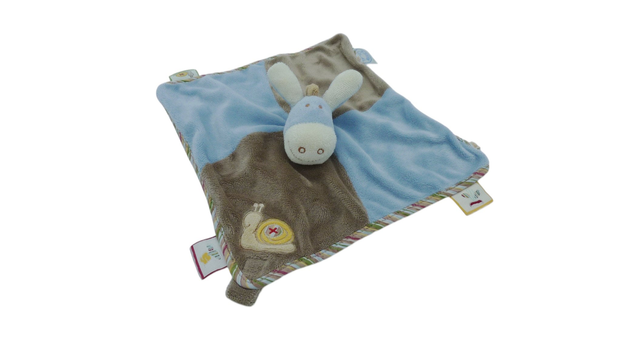 Doudou âne Paco plat attache tétine bleu marron - Noukie's