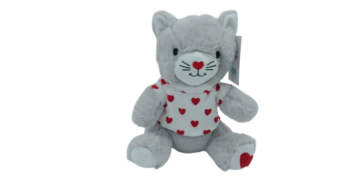 Peluche chat gris avec t-shirt à cœurs – Françoise Saget 28 cm