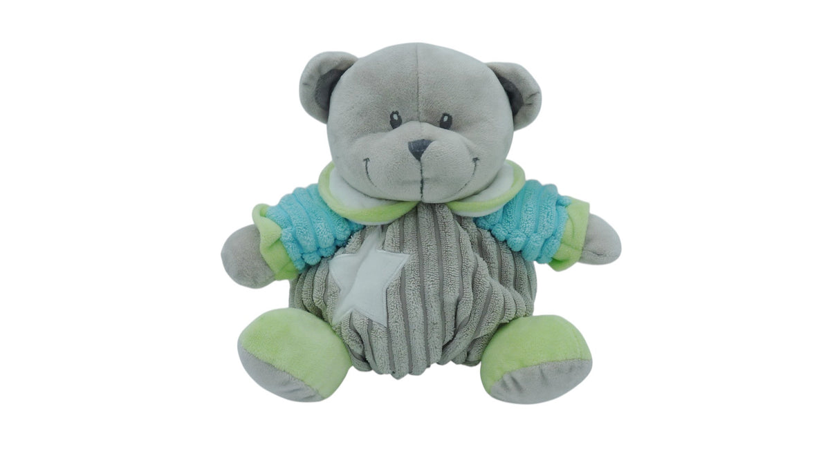 Peluche ours gris vert et turquoise à motif étoile – Mes Petits Cailloux 23 cm