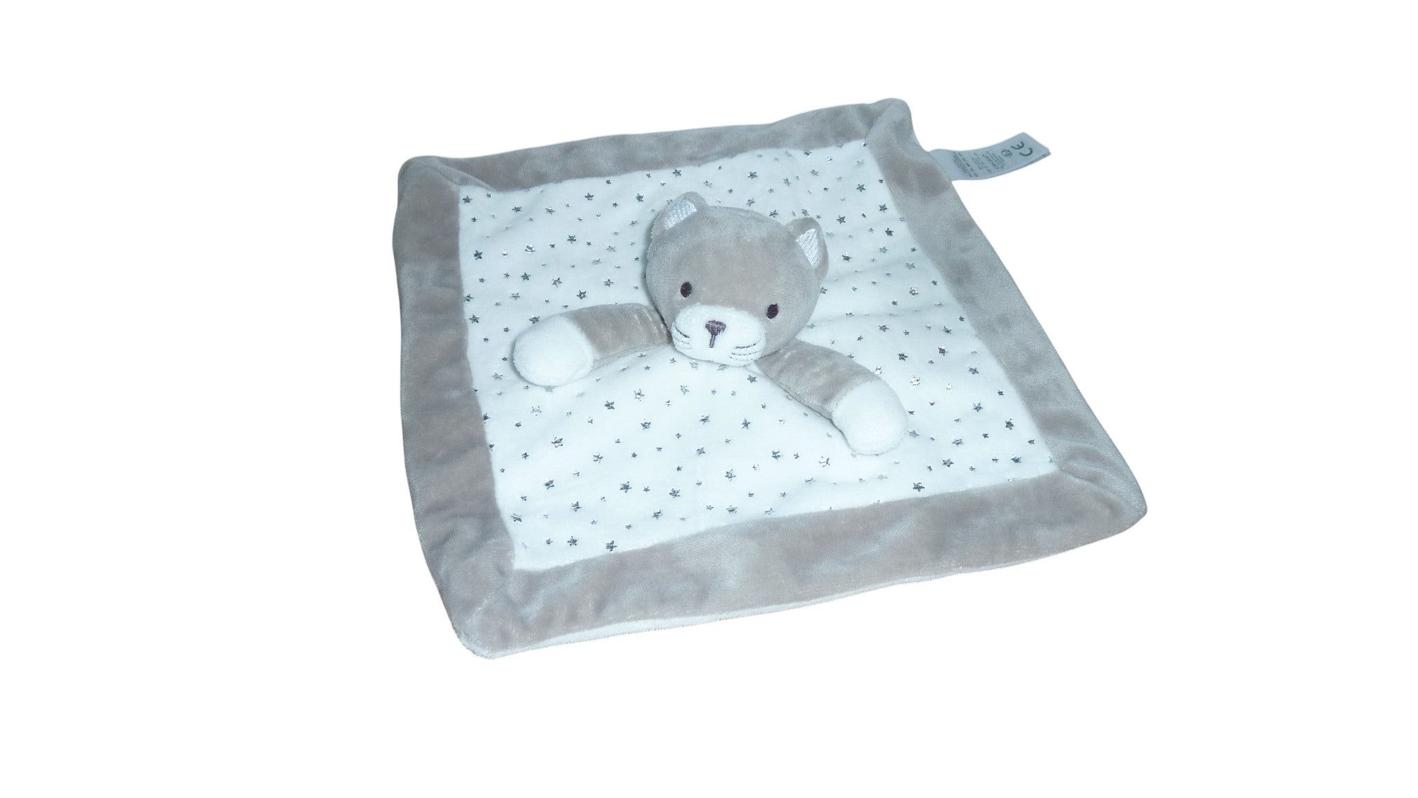 Doudou chat blanc et gris plat Obaibi