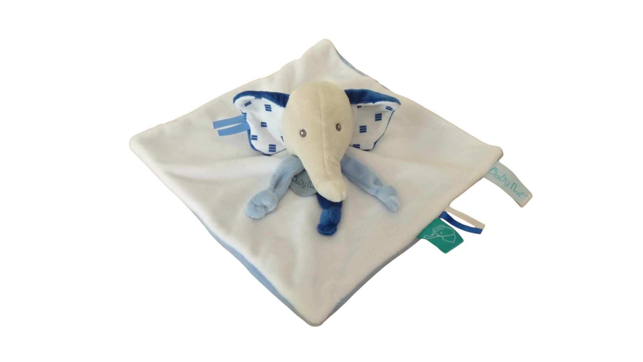 Doudou éléphant plat Edgar blanc bleu - BN0512 Baby'Nat