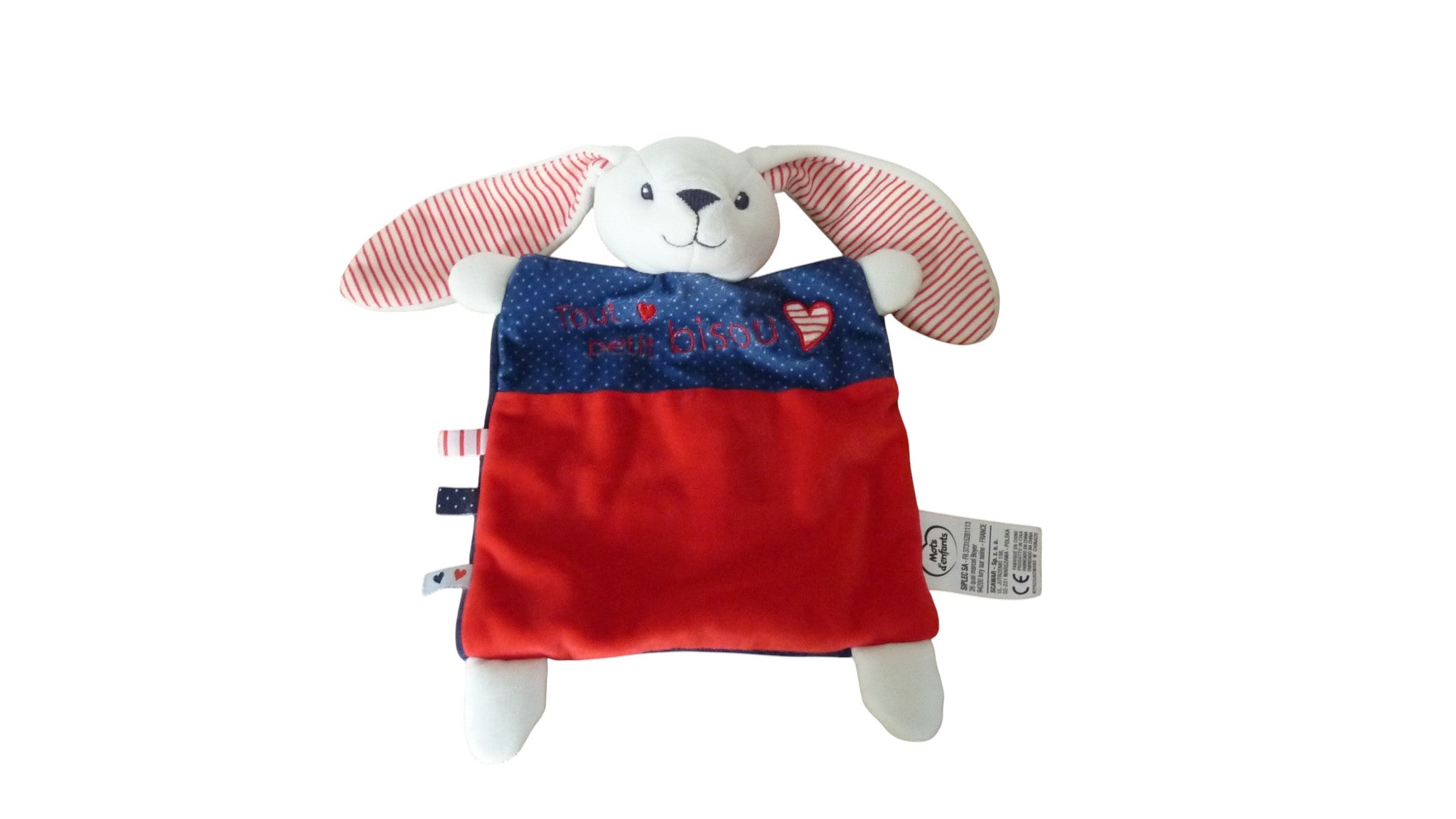 Doudou lapin plat rouge bleu - Mots d'Enfants