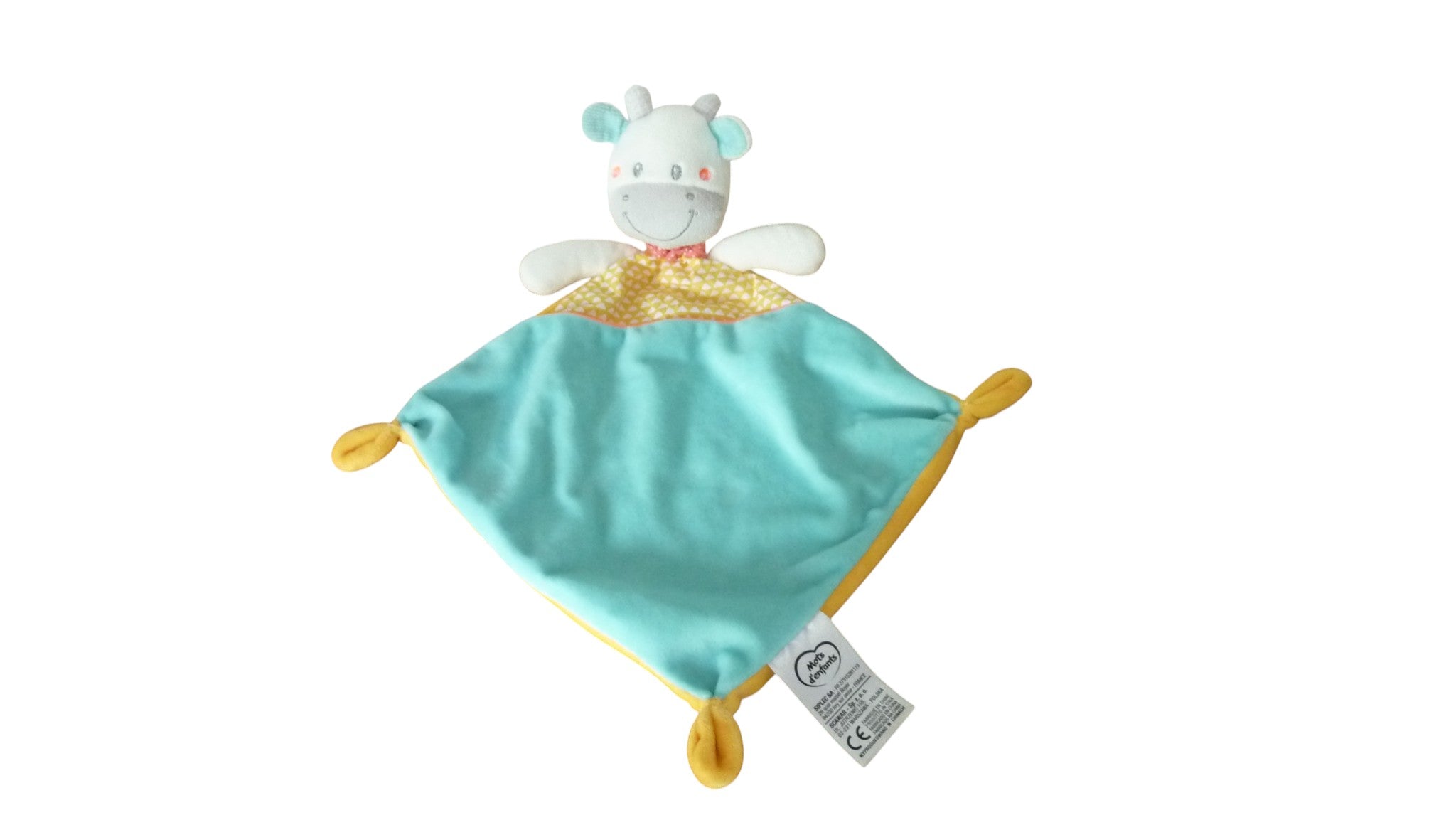 Doudou vache plat bleu jaune - Mots d'Enfants