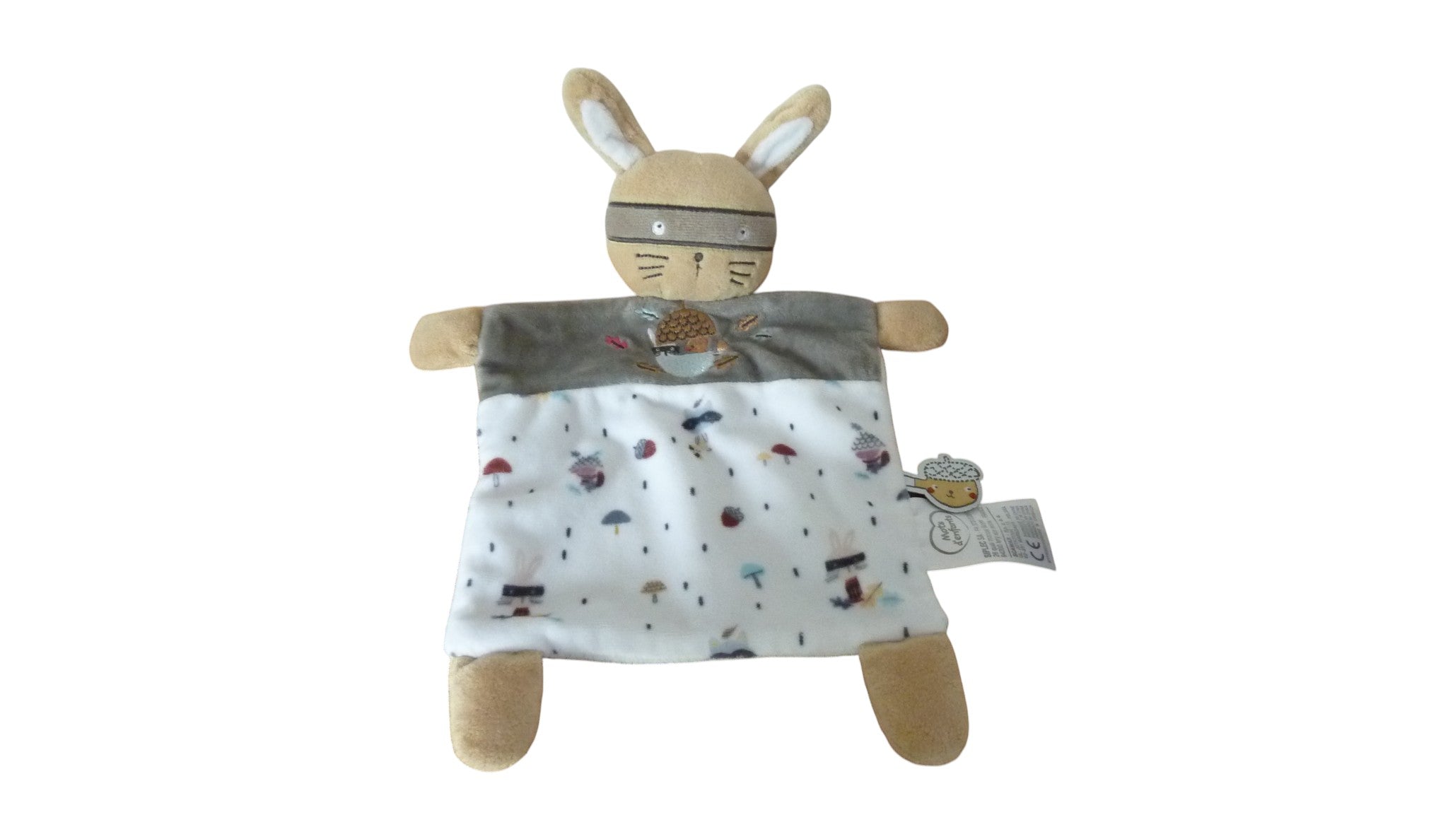 Doudou lapin masqué plat blanc gris - Mots d'Enfants