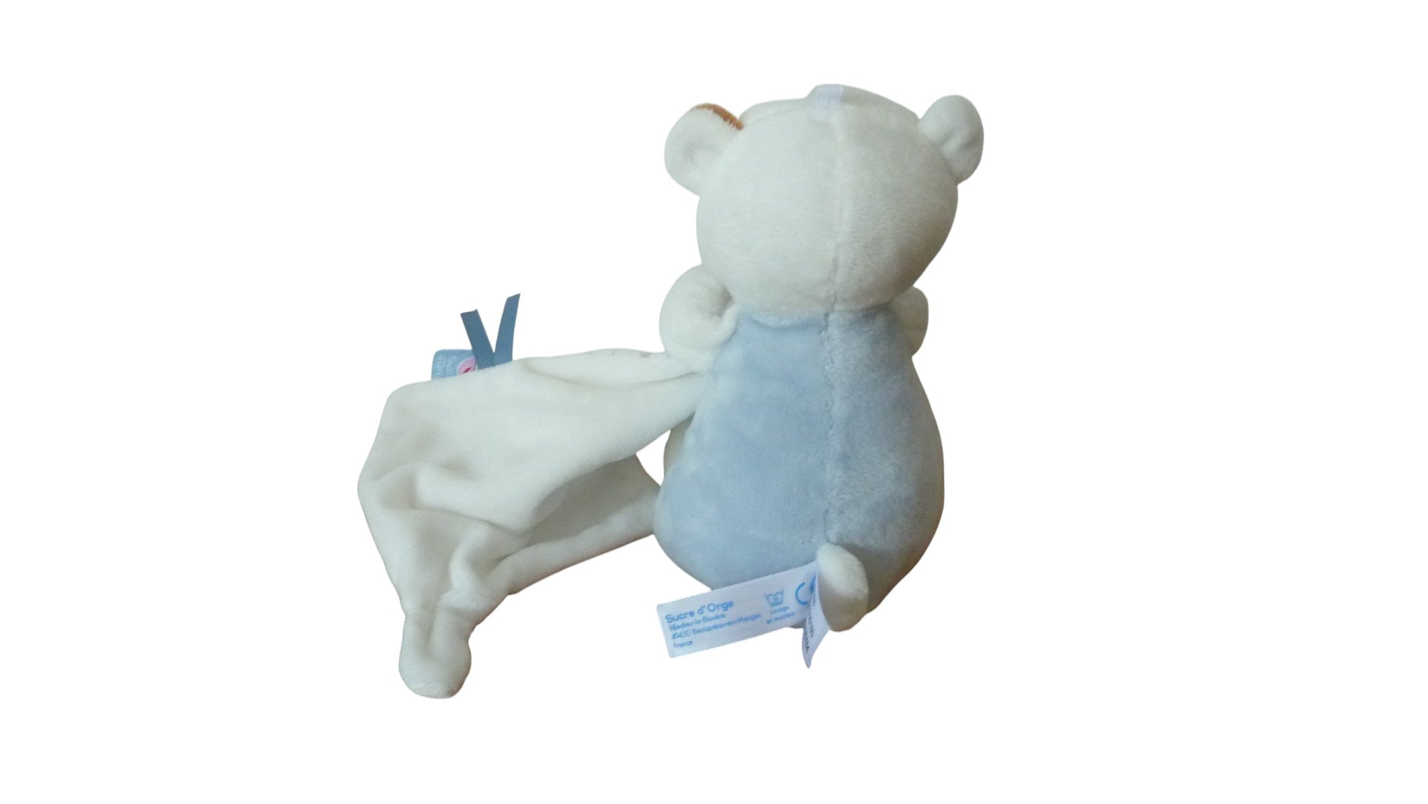 Peluche mouchoir ours bleu blanc - Sucre d'Orge 21 cm
