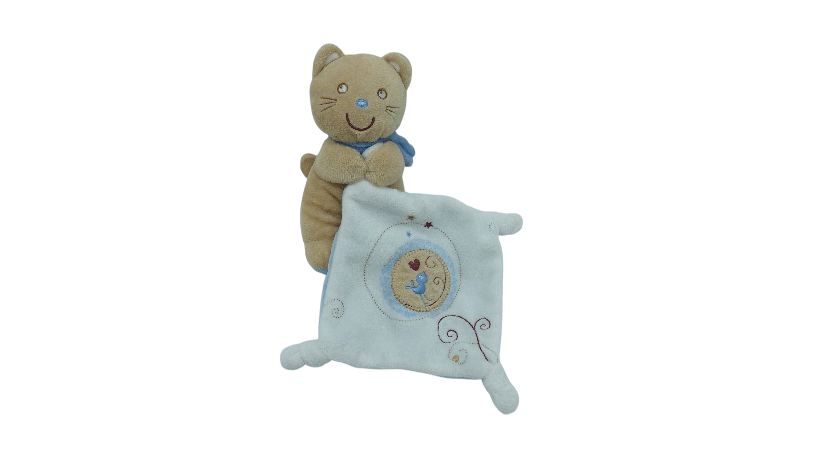 Peluche mouchoir chat marron bleu - Pommette