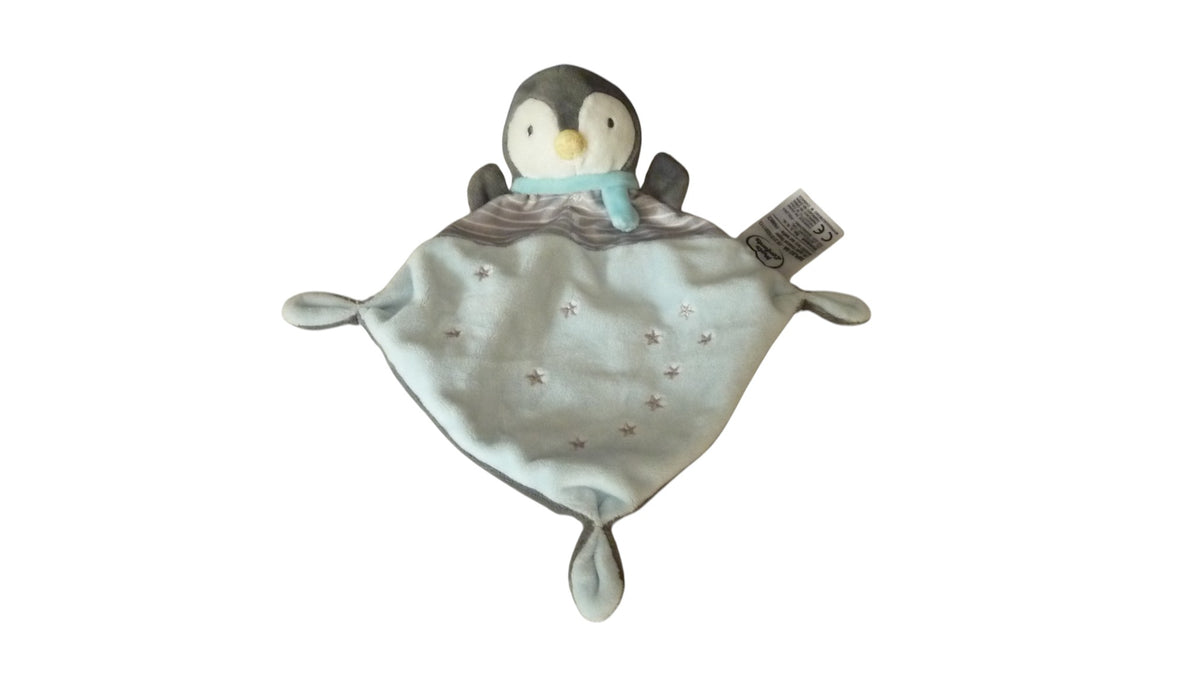 Doudou pingouin plat gris turquoise - Mots d'Enfants