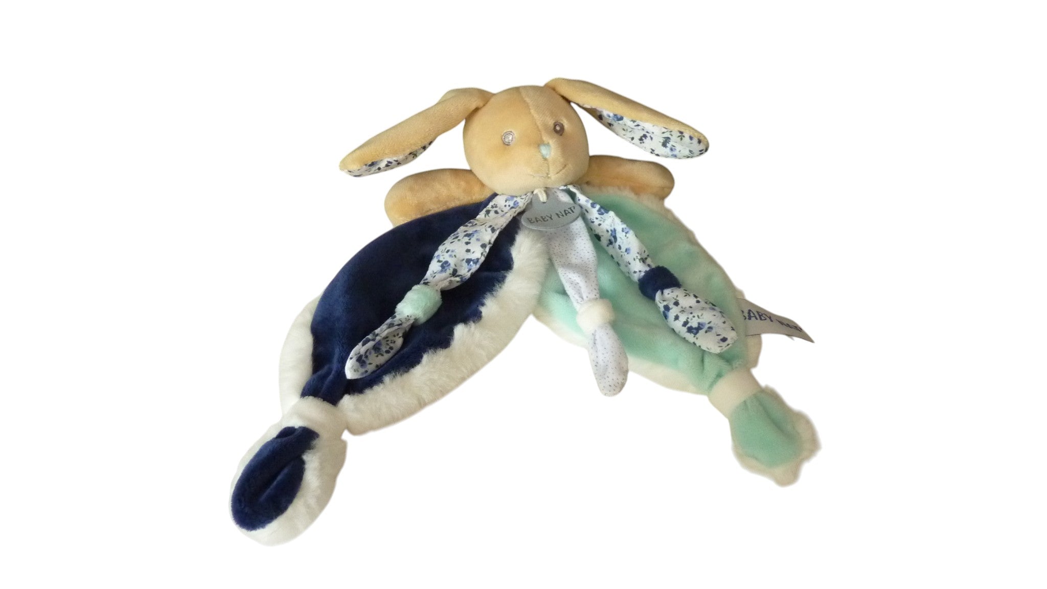 Doudou lapin plat bleu vert blanc - Poupi - BN0543 Baby'Nat