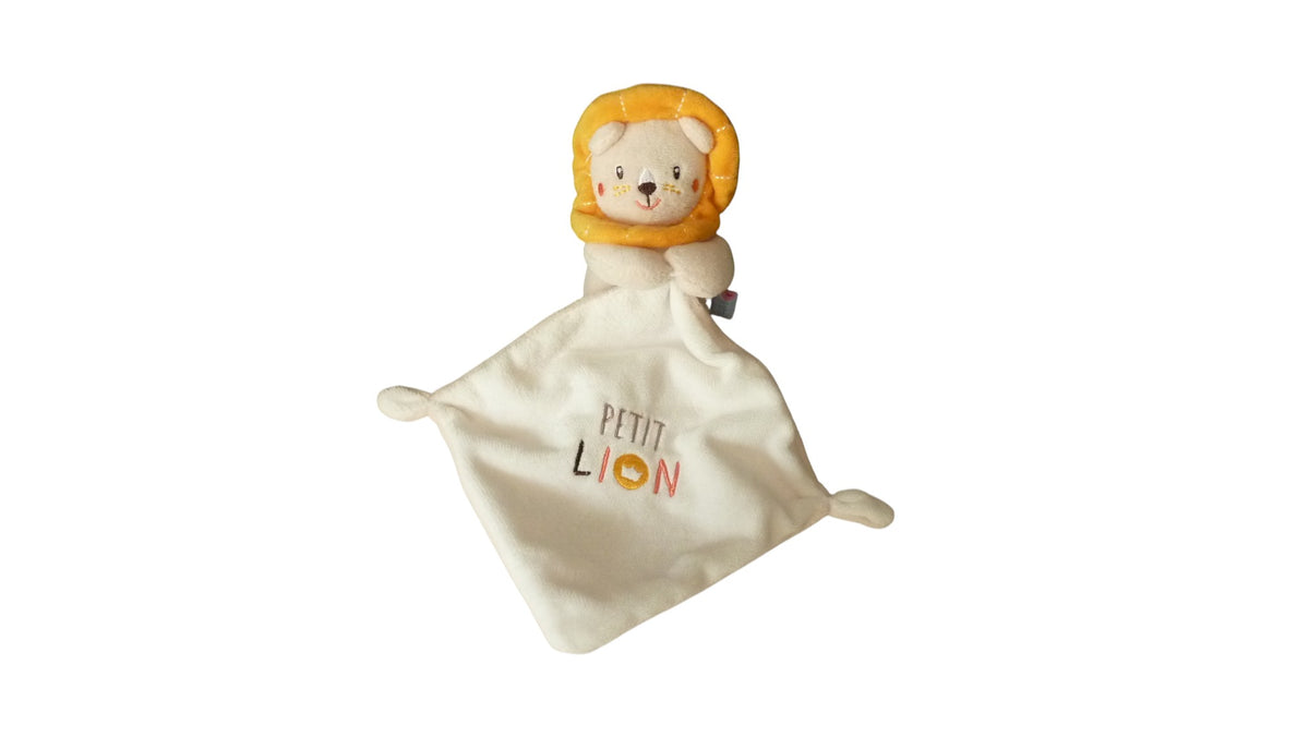 Peluche mouchoir lion beige blanc jaune - sucre d'Orge 19 cm