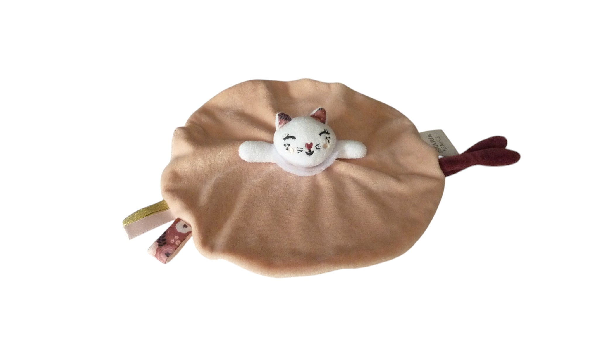 Doudou chat plat rose attache tétine - Ostaria les Minis