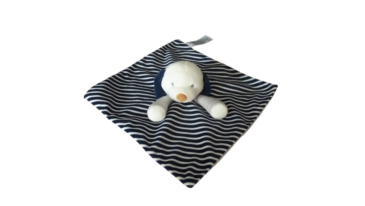 Doudou chien plat bleu rayures gris - Obaibi