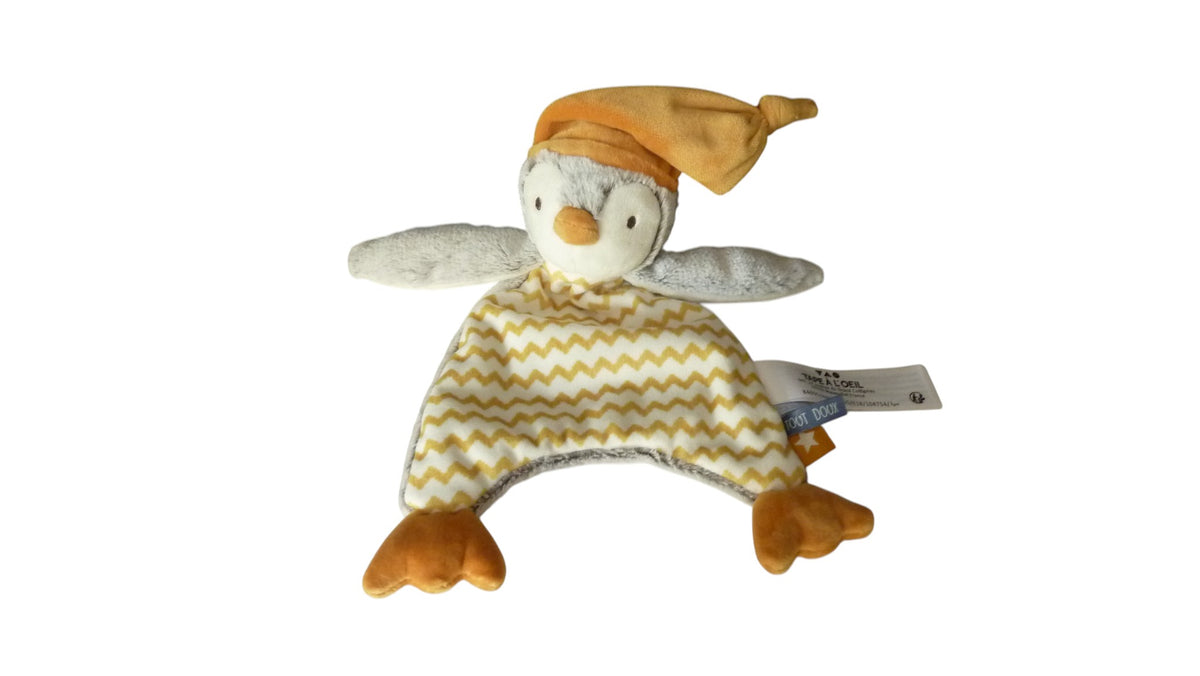 Doudou pingouin plat gris jaune - TAO