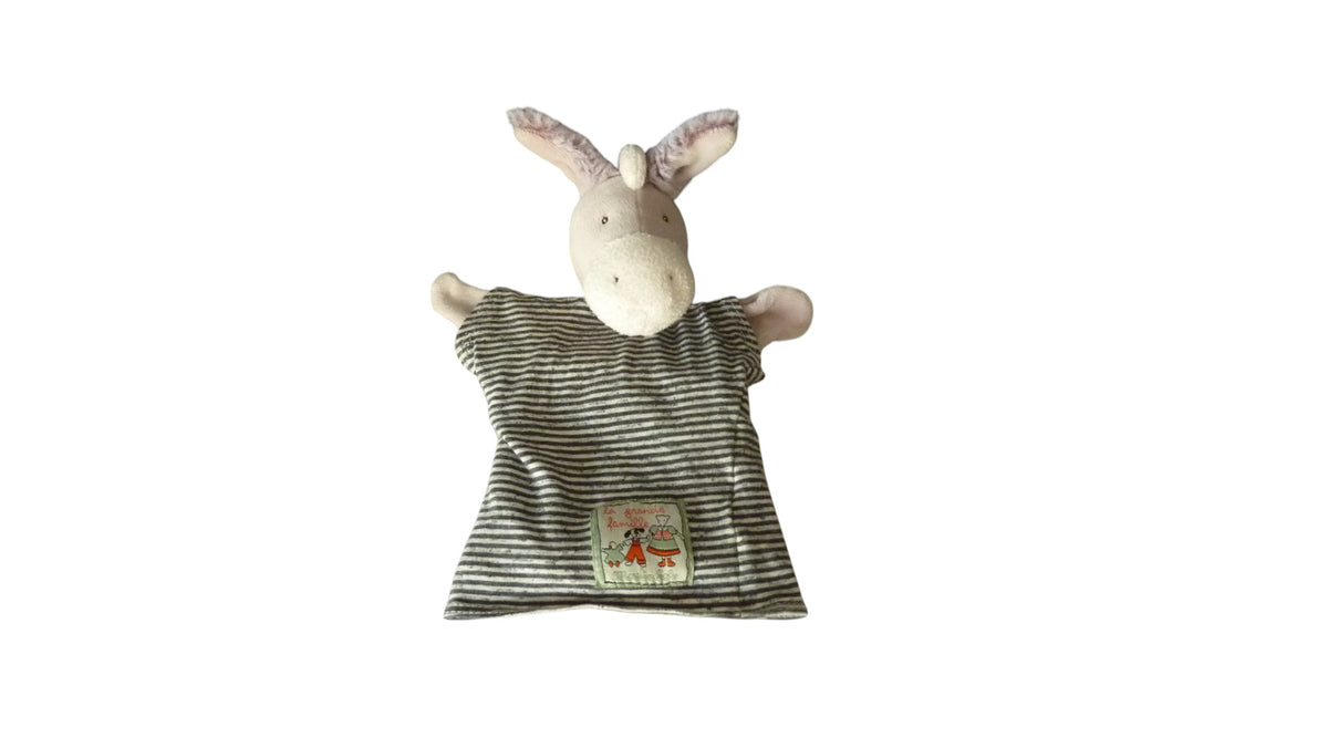 Doudou marionnette âne gris rayures - La grande famille - Moulin Roty